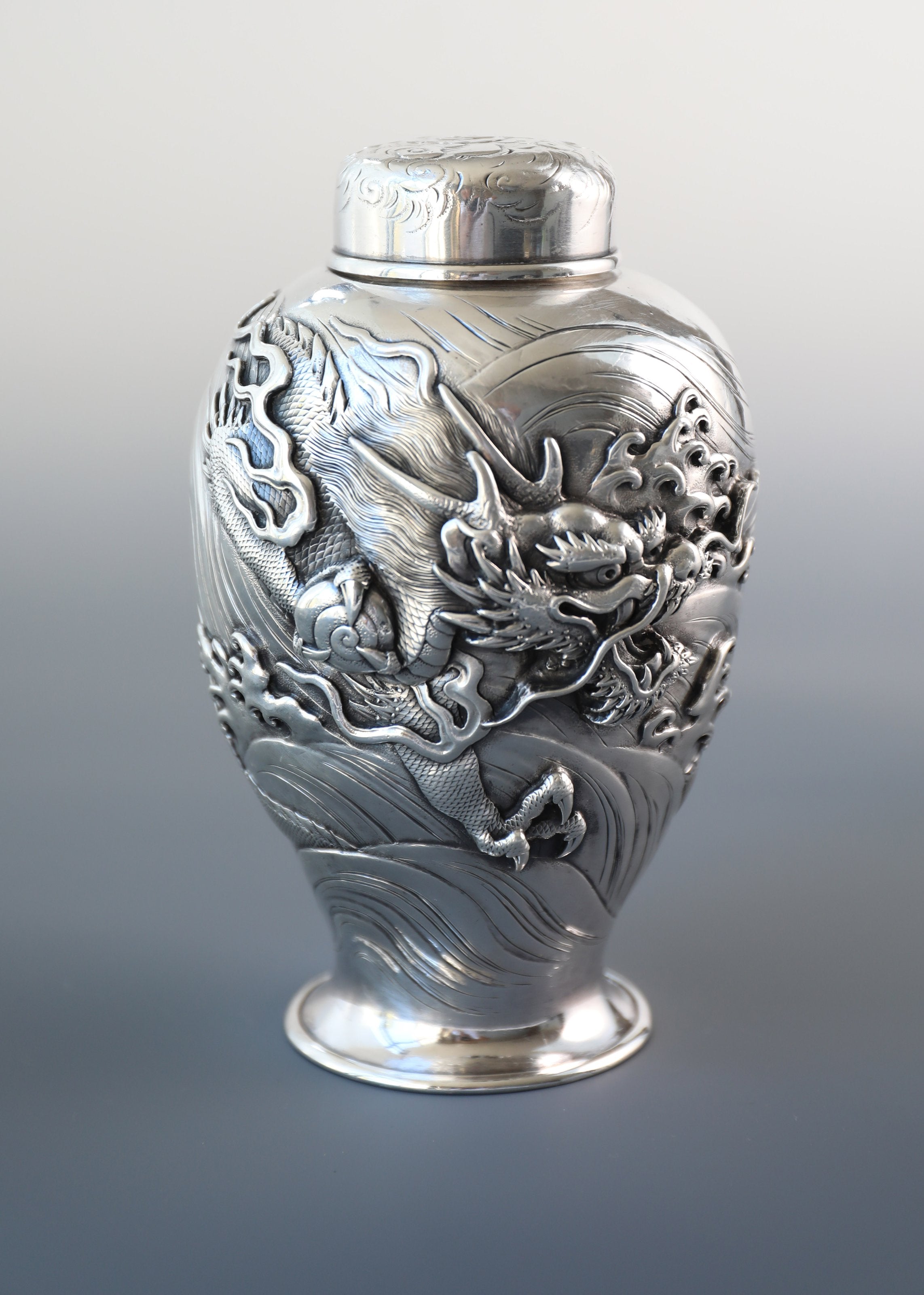 1890 Japanese Yoshitaka Dragon Pattern Sterling Silver Teapot/Tea Canister