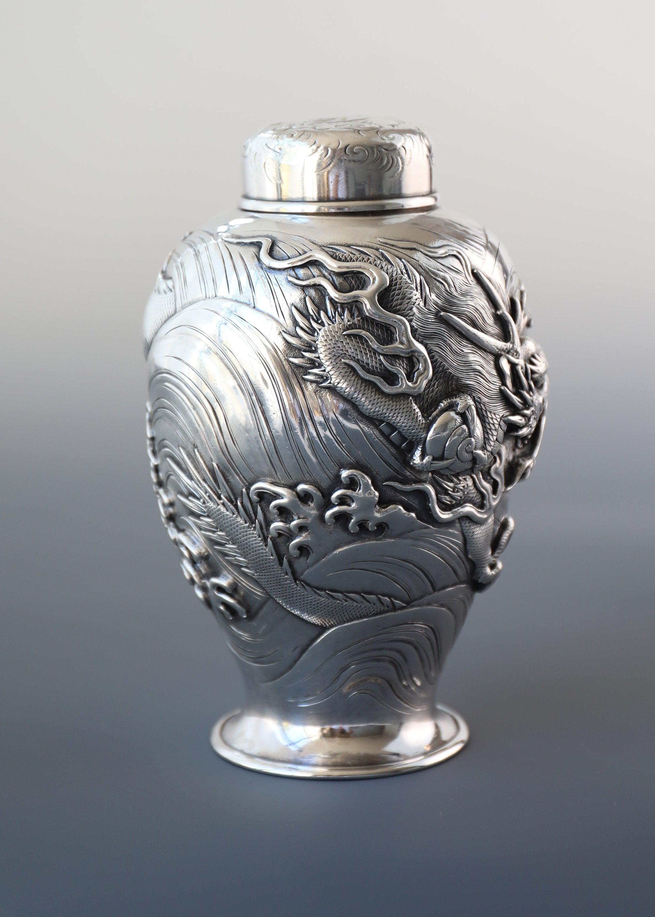 1890 Japanese Yoshitaka Dragon Pattern Sterling Silver Teapot/Tea Canister