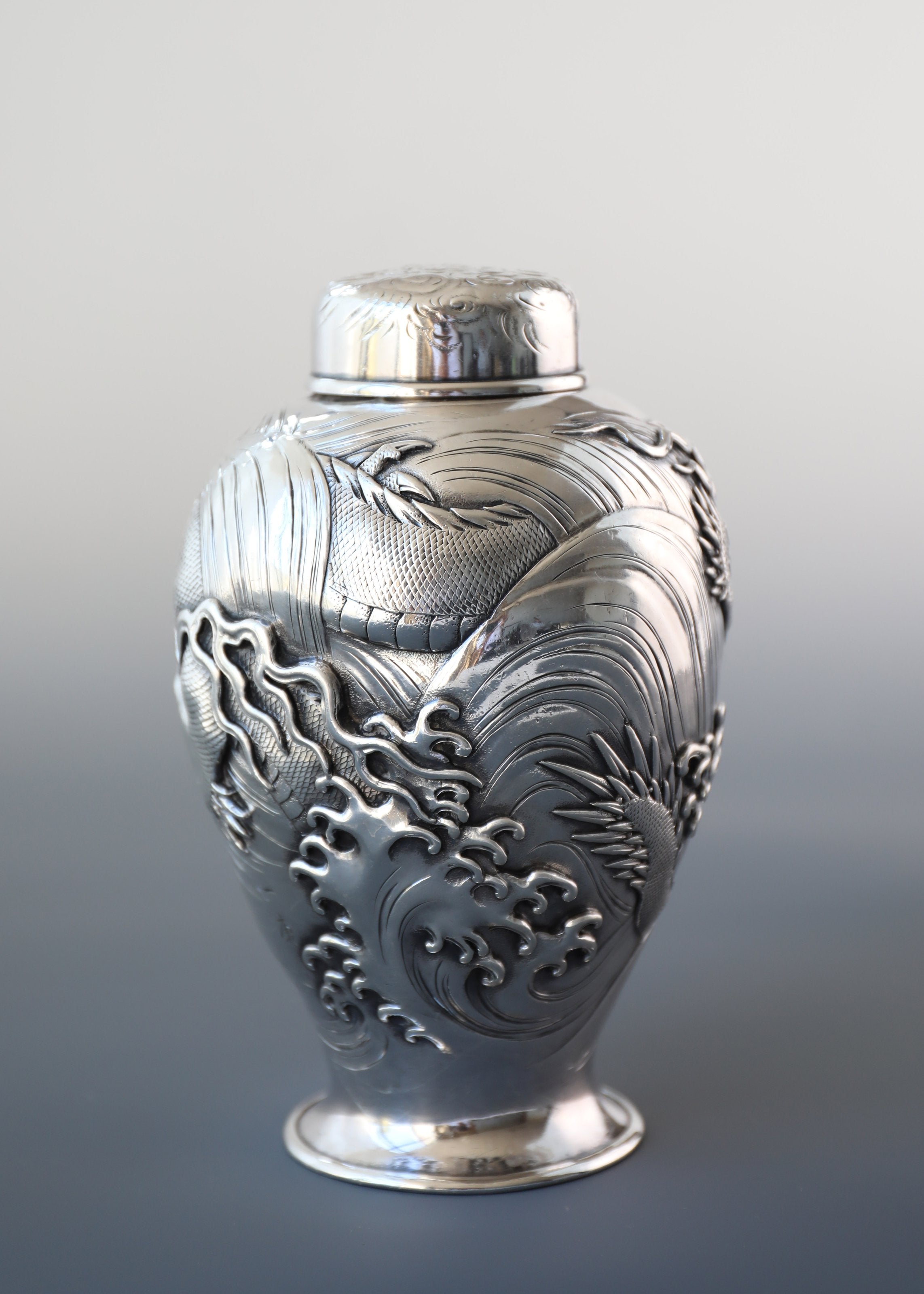 1890 Japanese Yoshitaka Dragon Pattern Sterling Silver Teapot/Tea Canister