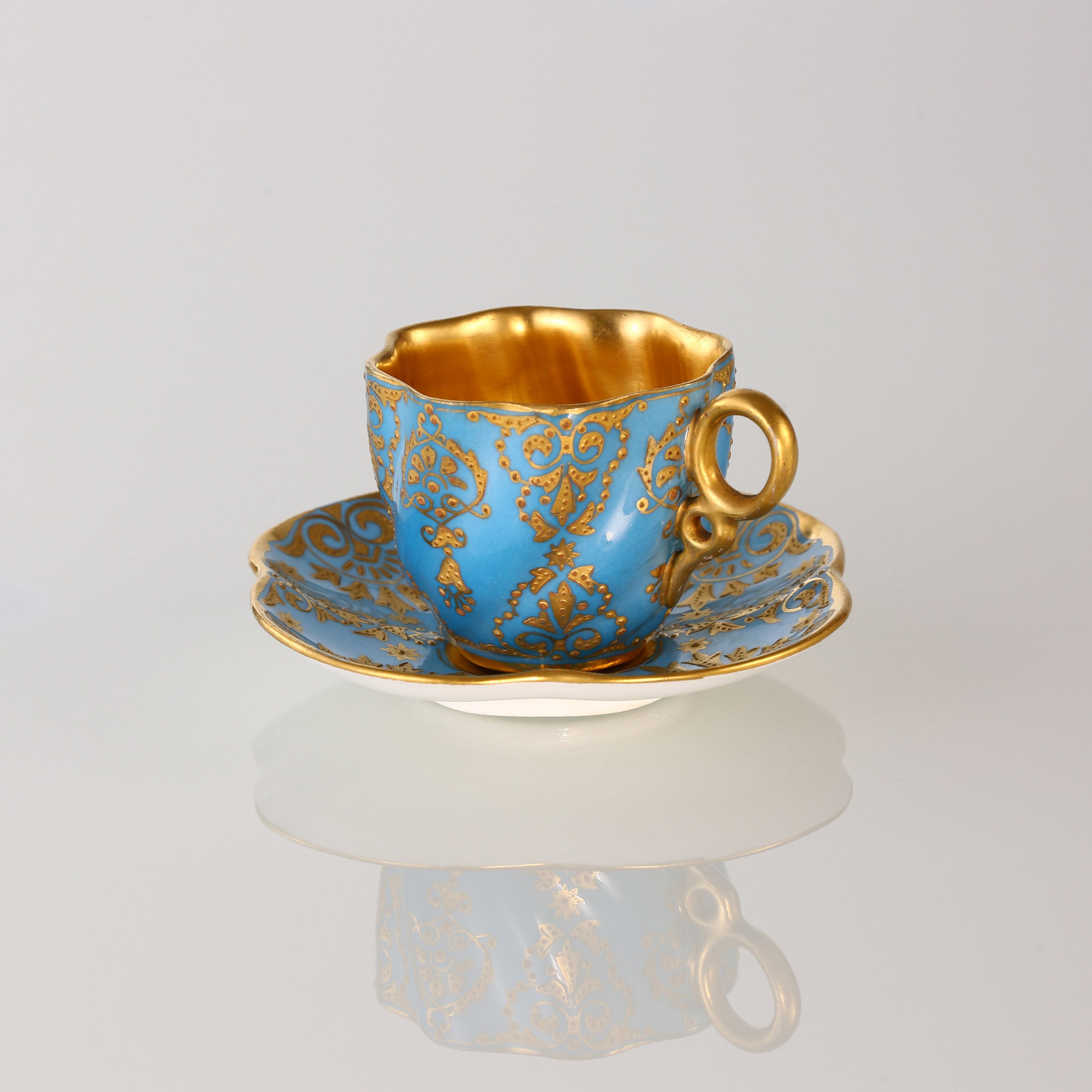 1891 Sky-blue Glazed 24K Gold-gilded Interior & Gilt-painted Lucky Clover Cup