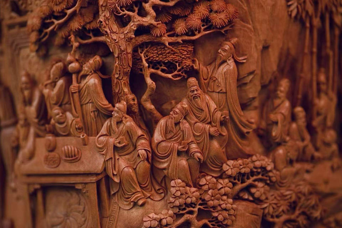 Old‑Sandalwood Brush Pot with Deep‑Relief Carvings of the Eighteen Scholars