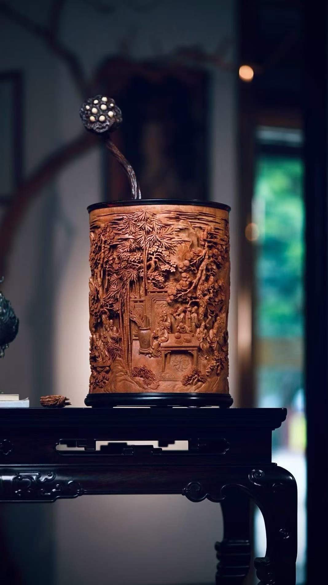 Old‑Sandalwood Brush Pot with Deep‑Relief Carvings of the Eighteen Scholars