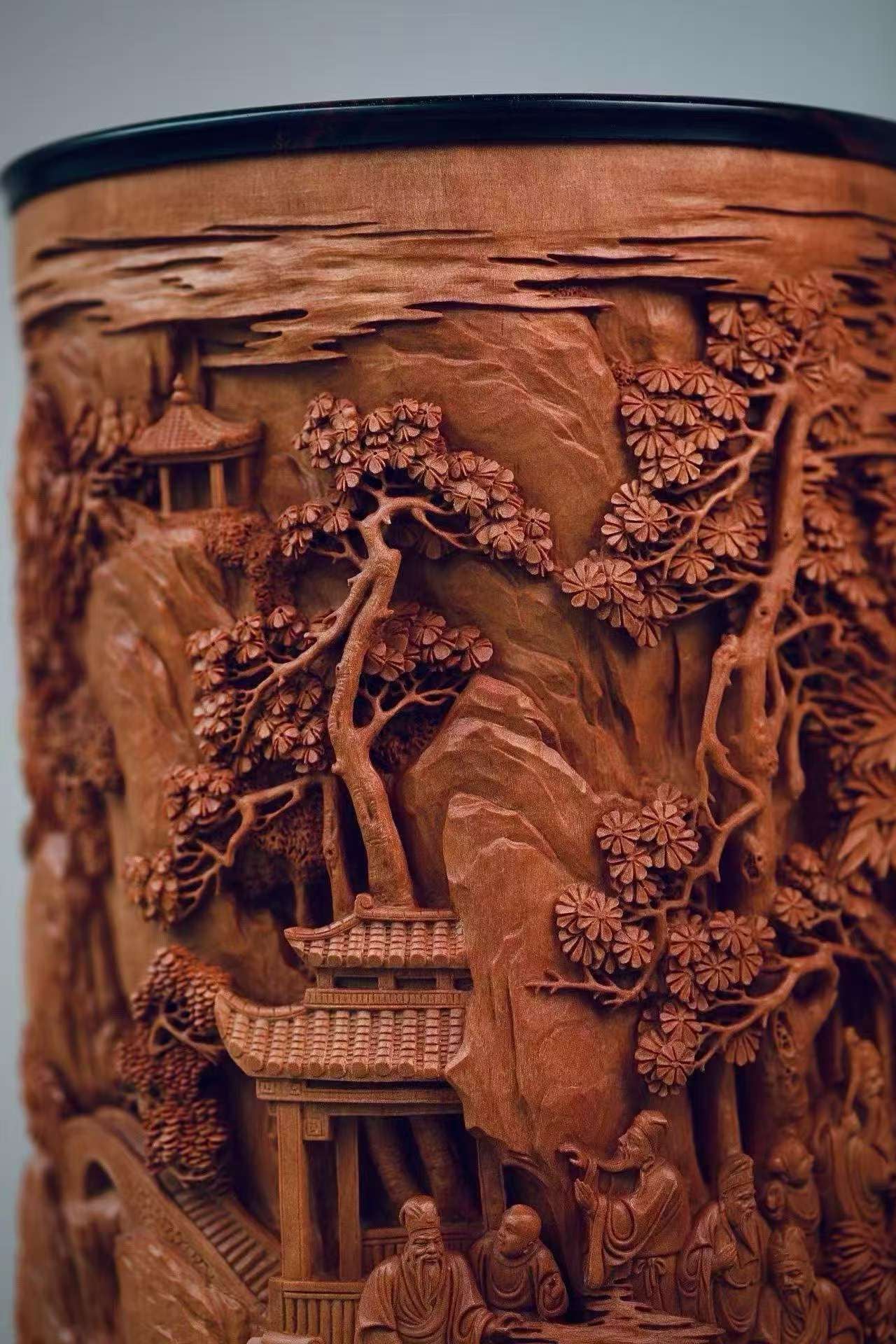 Old‑Sandalwood Brush Pot with Deep‑Relief Carvings of the Eighteen Scholars