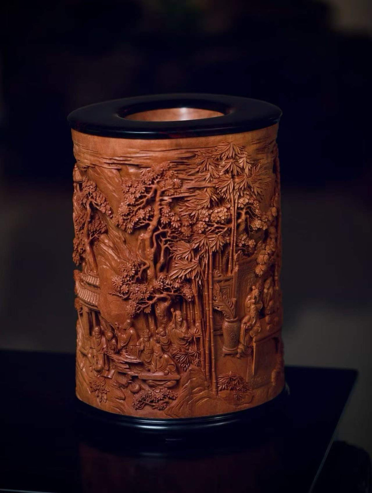 Old‑Sandalwood Brush Pot with Deep‑Relief Carvings of the Eighteen Scholars