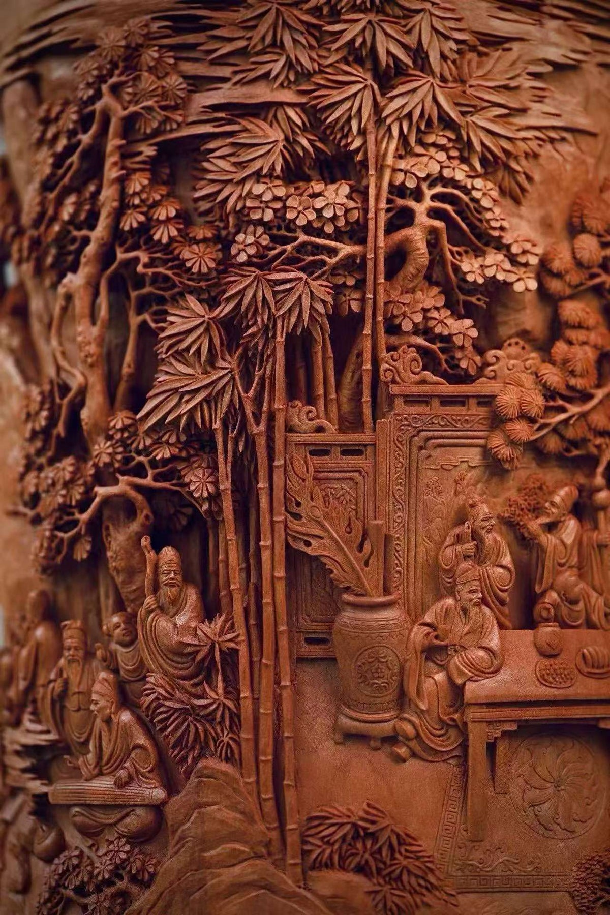 Old‑Sandalwood Brush Pot with Deep‑Relief Carvings of the Eighteen Scholars