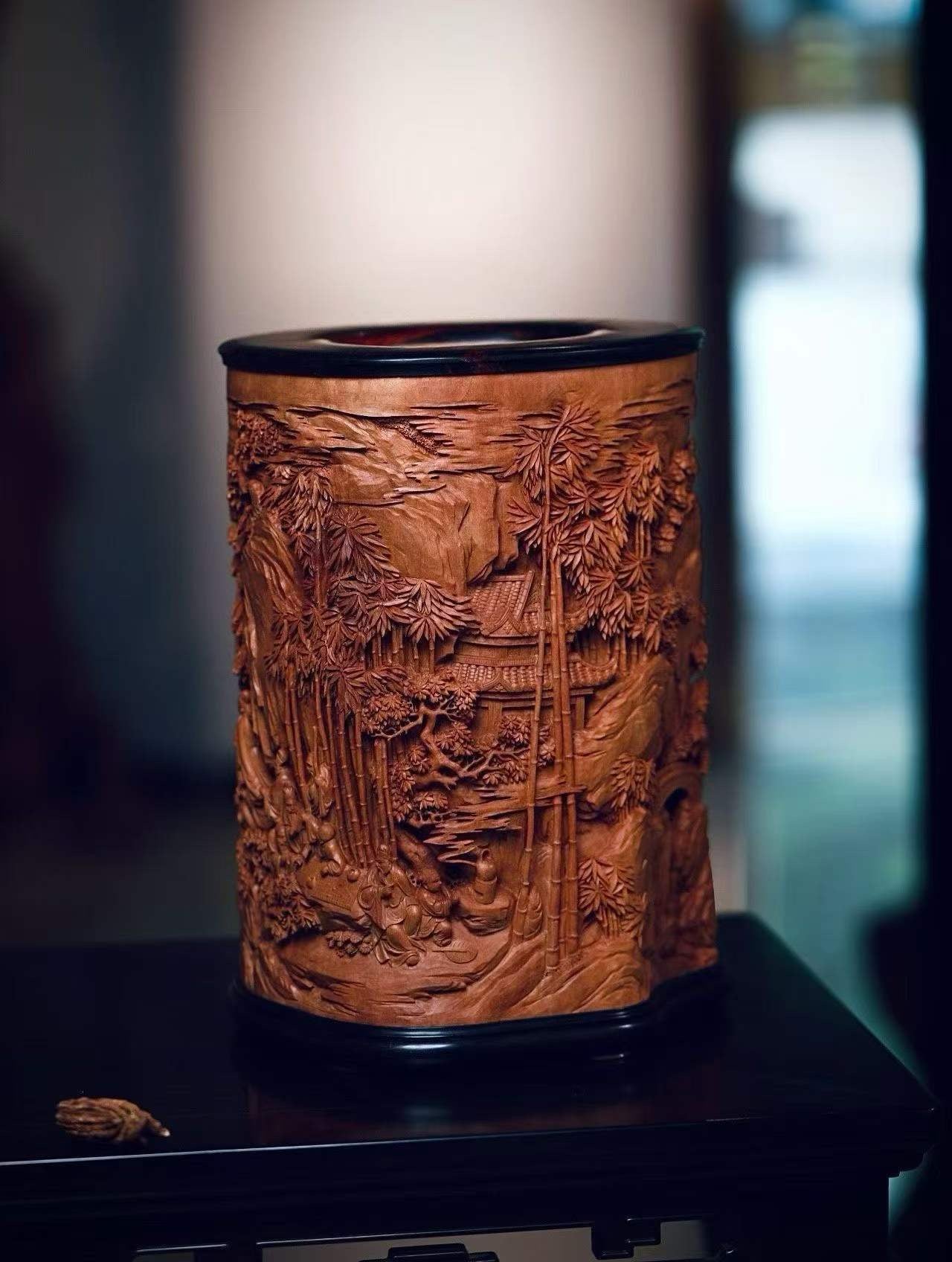 Old‑Sandalwood Brush Pot with Deep‑Relief Carvings of the Eighteen Scholars