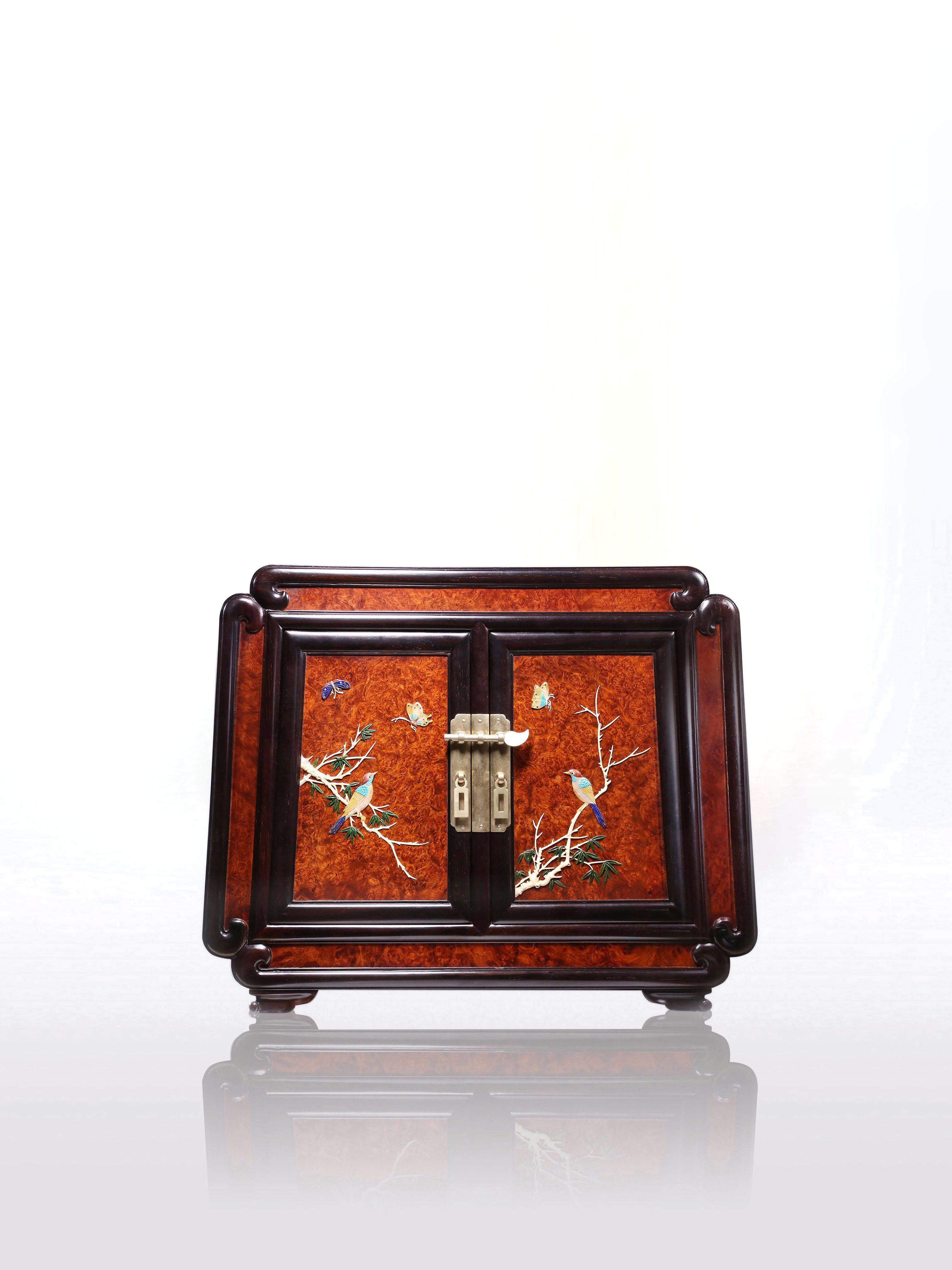 Burl Wood Inlaid Treasure Tea Box with Flowers and Birds