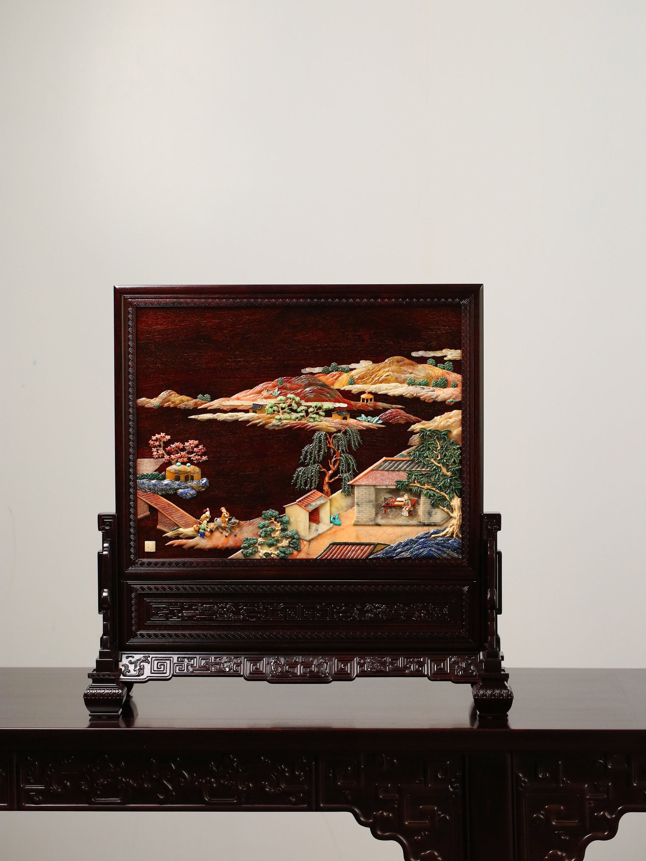 Rosewood Inlaid Scholar and Phoenix Pattern Screen