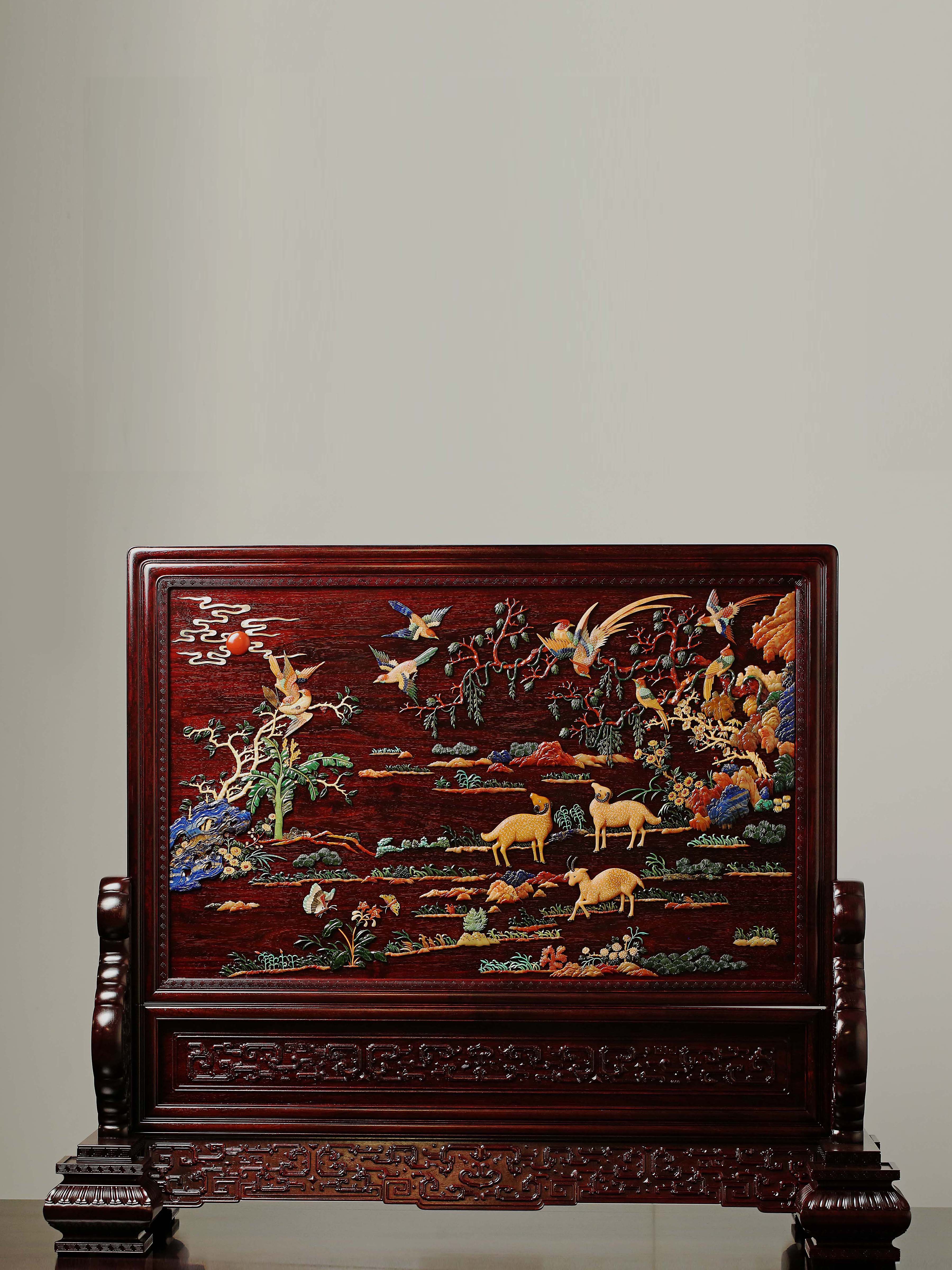 Extra Large Insert Screen with Hundred Birds Inlaid with Treasures