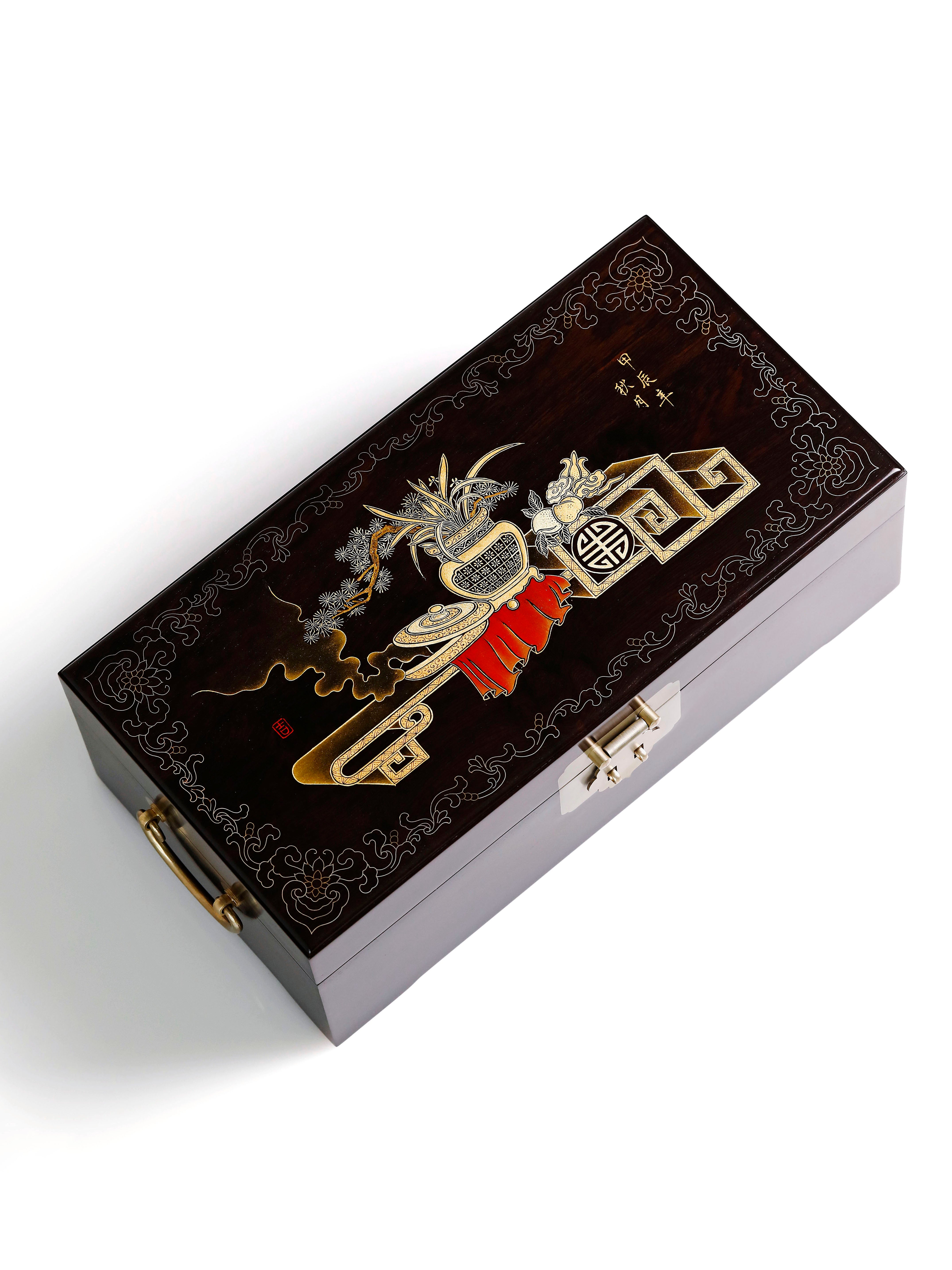 紫光檀鸳鸯戏水/博古图描金盒