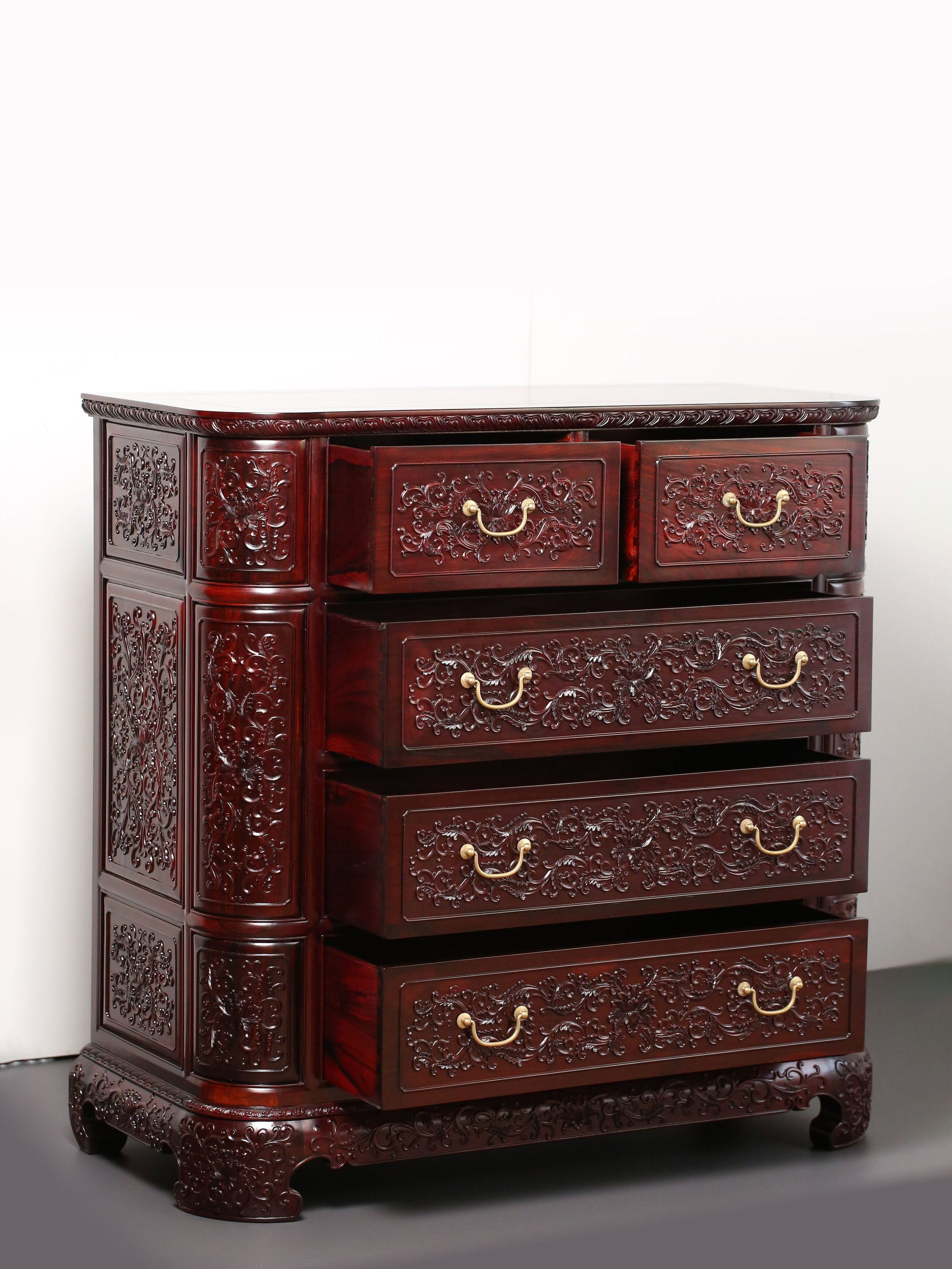 Lao rosewood five-drawer cabinet with lotus scroll pattern