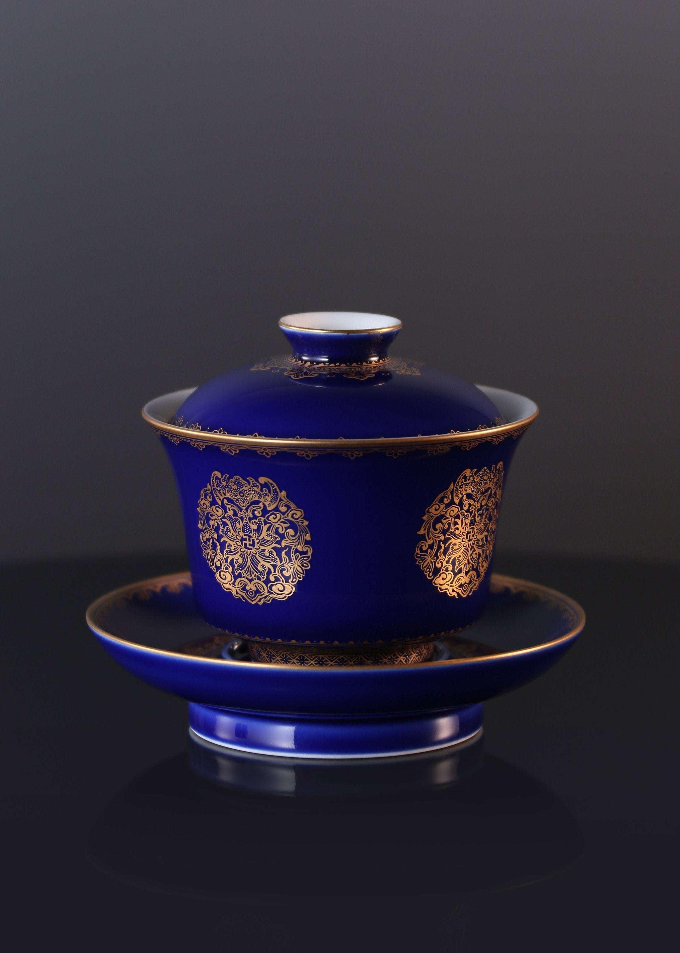 祭蓝堆金福寿康宁三才盖碗/杯