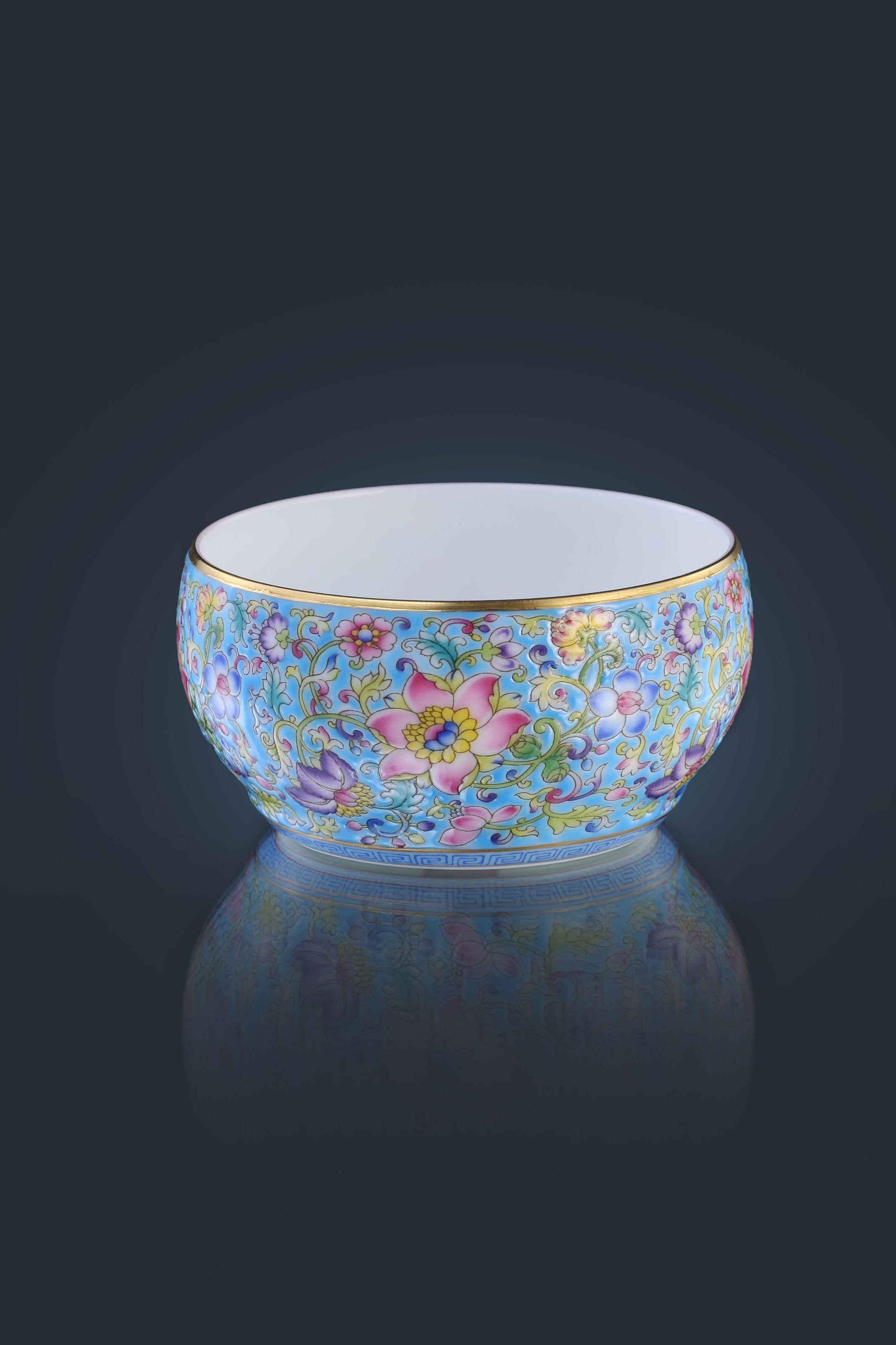 Enamel Waist Drum Cup with Interlocking Lotus Patterns