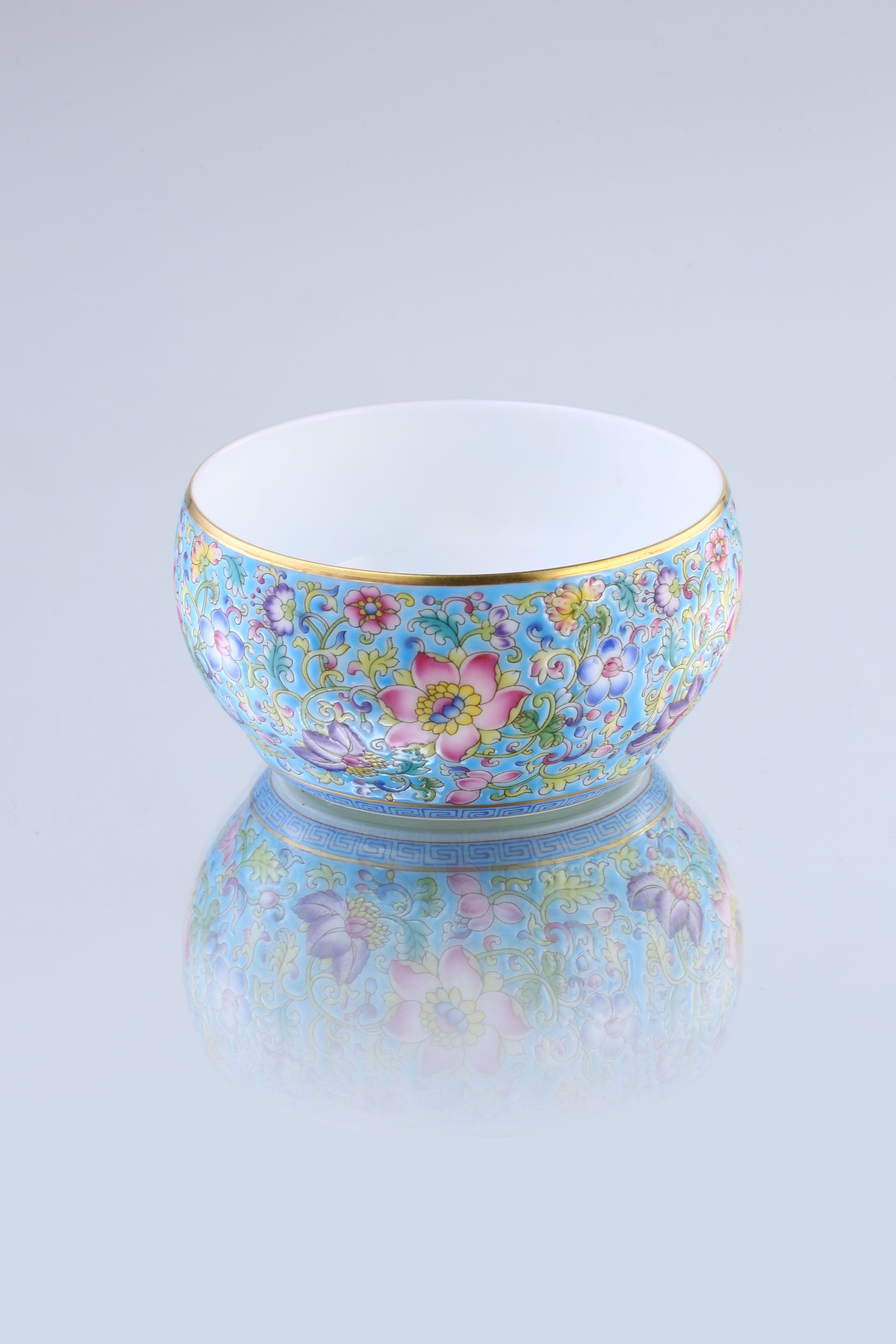 Enamel Waist Drum Cup with Interlocking Lotus Patterns