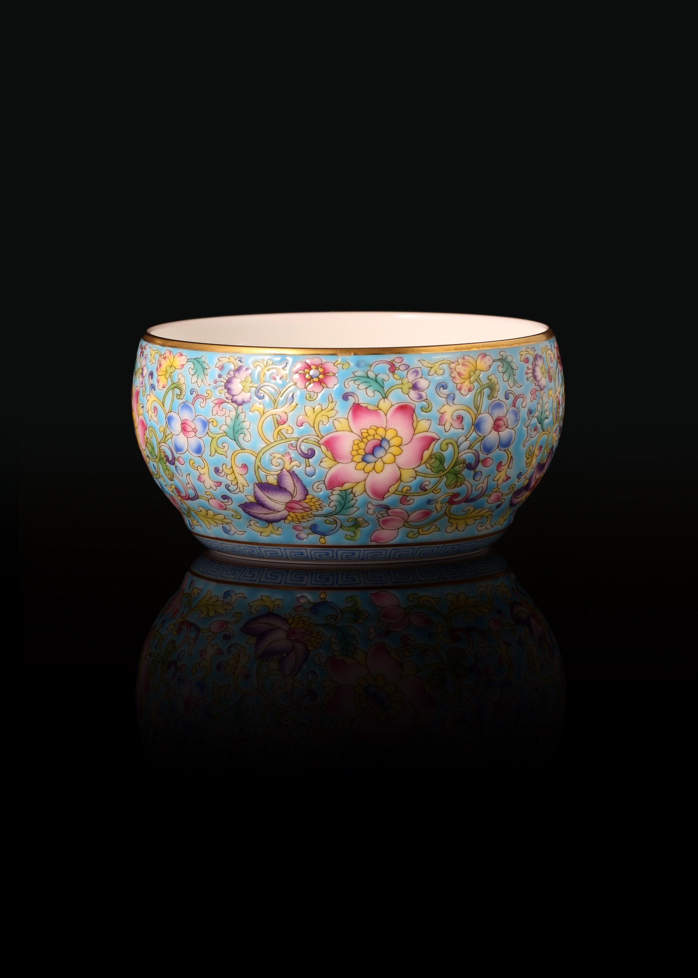 Enamel Waist Drum Cup with Interlocking Lotus Patterns