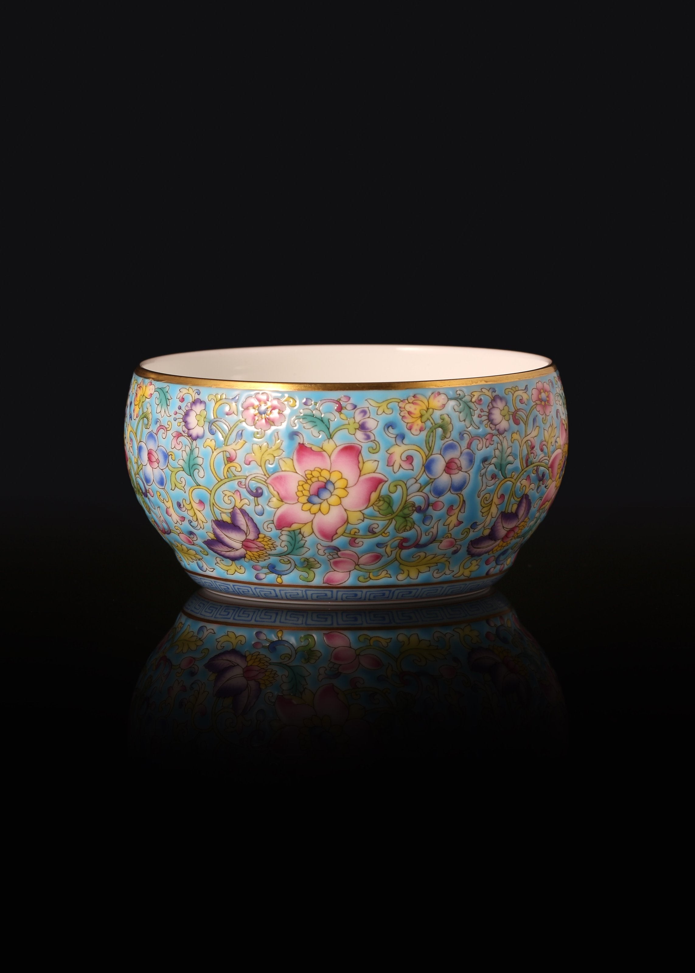 Enamel Waist Drum Cup with Interlocking Lotus Patterns