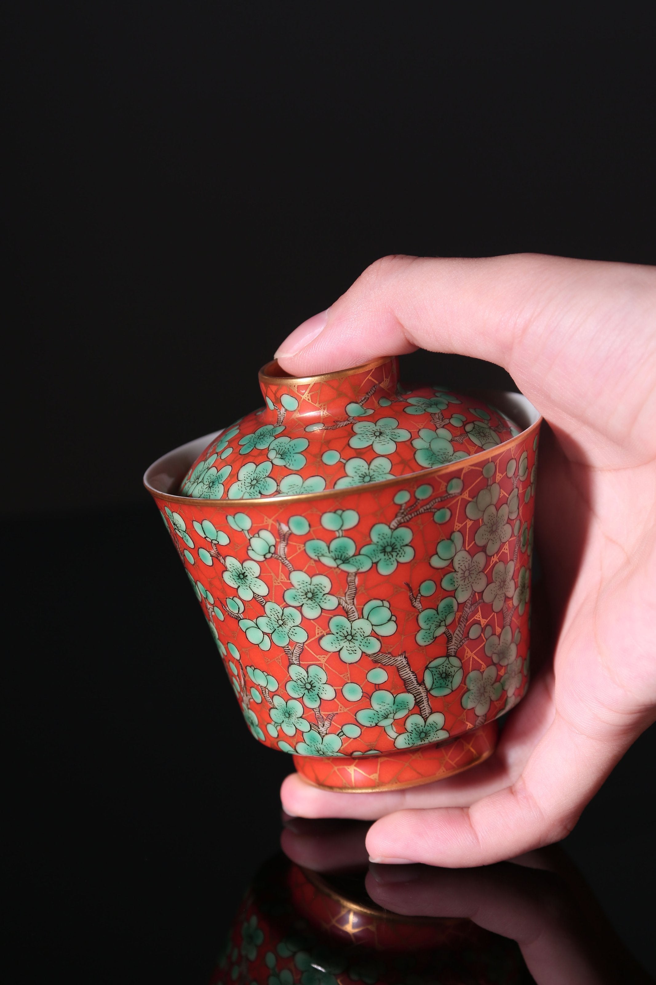 Iron-Red Gaiwan(lidded bowl) with Green Plum Blossoms