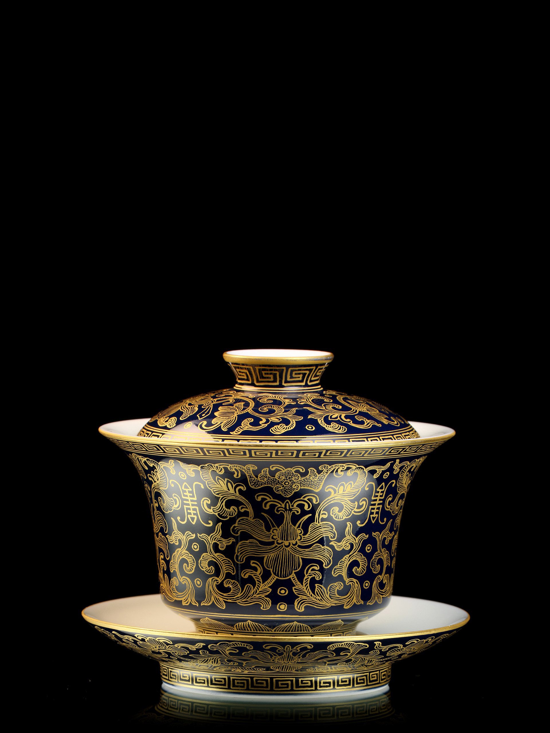 祭蓝/祭红金福寿纹盖碗