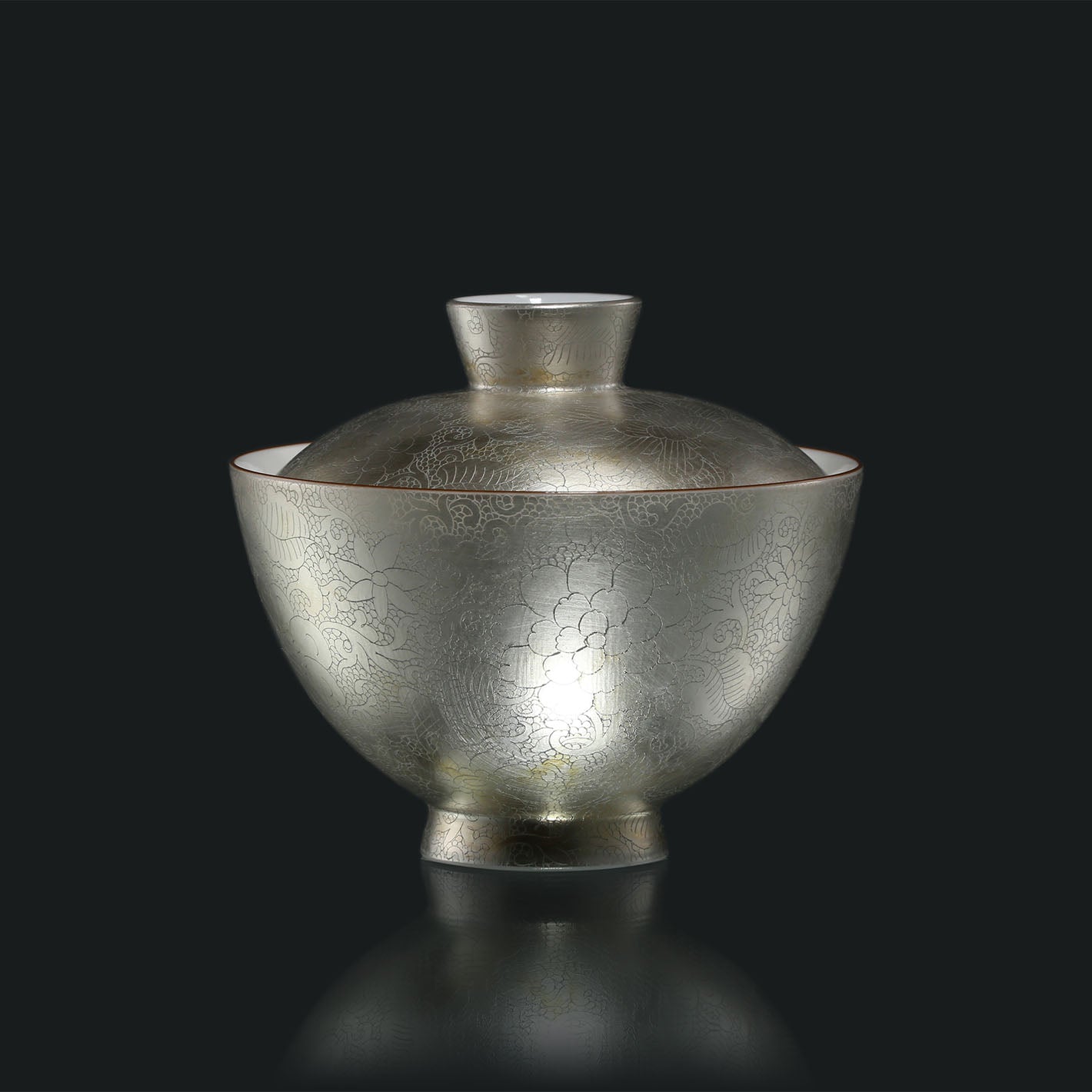 Hand-Carved Full-Flower Silver-Decorated Lidded Bowl / Cup