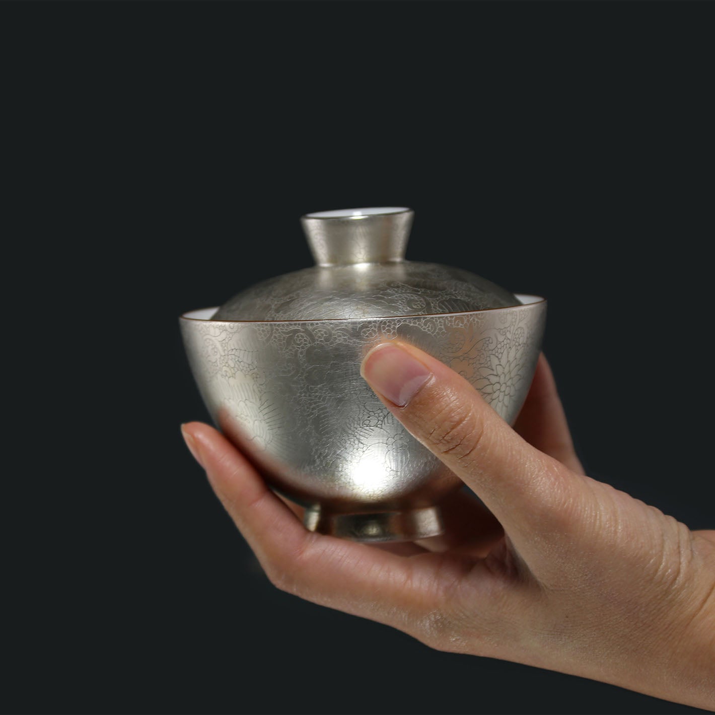 Hand-Carved Full-Flower Silver-Decorated Lidded Bowl / Cup