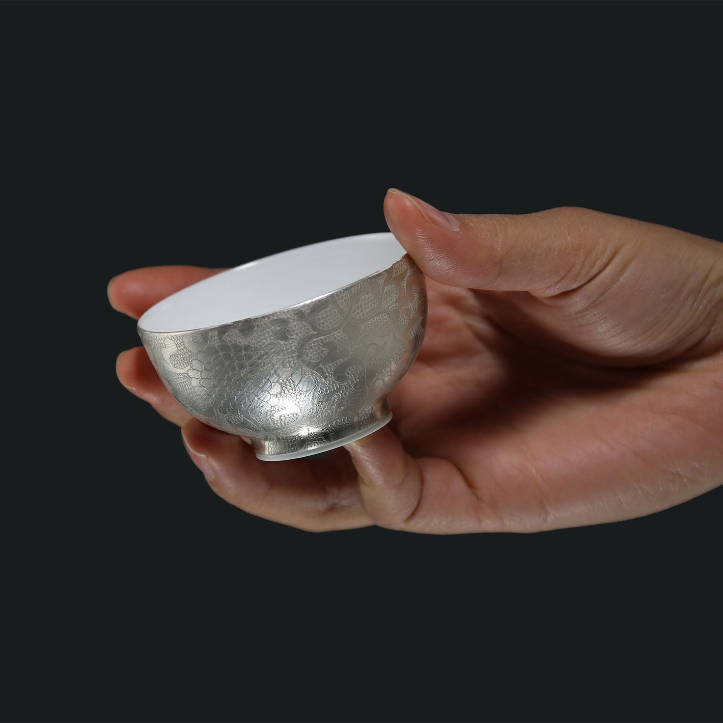 Hand-Carved Full-Flower Silver-Decorated Lidded Bowl / Cup