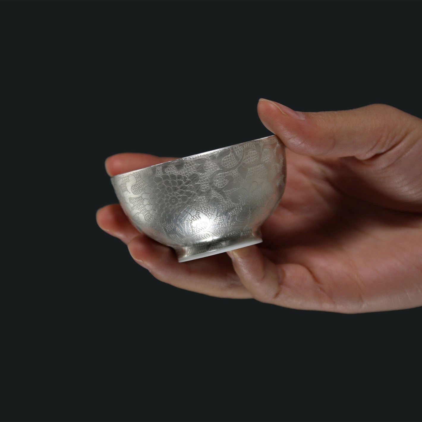 Hand-Carved Full-Flower Silver-Decorated Lidded Bowl / Cup