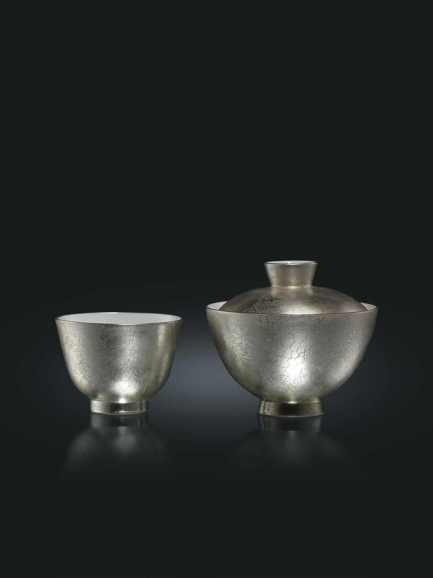 Hand-Carved Full-Flower Silver-Decorated Lidded Bowl / Cup