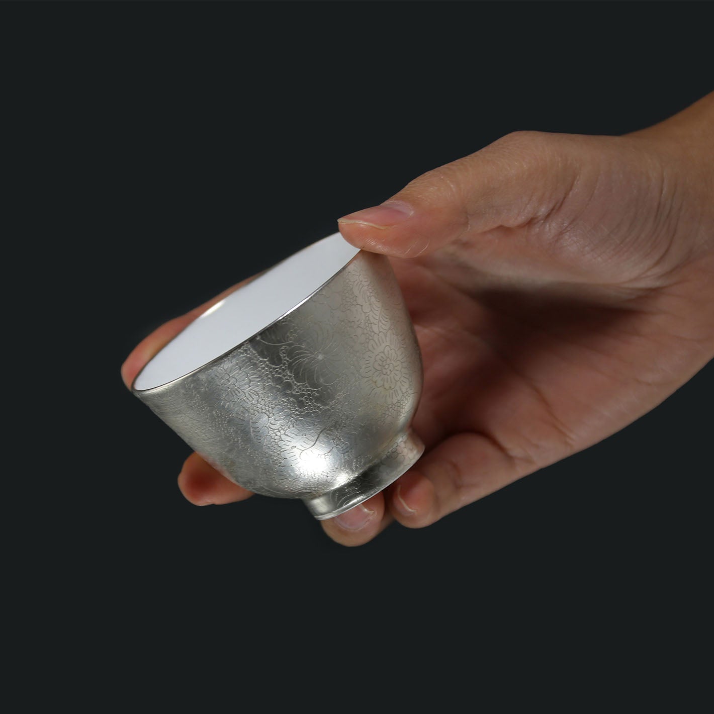 Hand-Carved Full-Flower Silver-Decorated Lidded Bowl / Cup