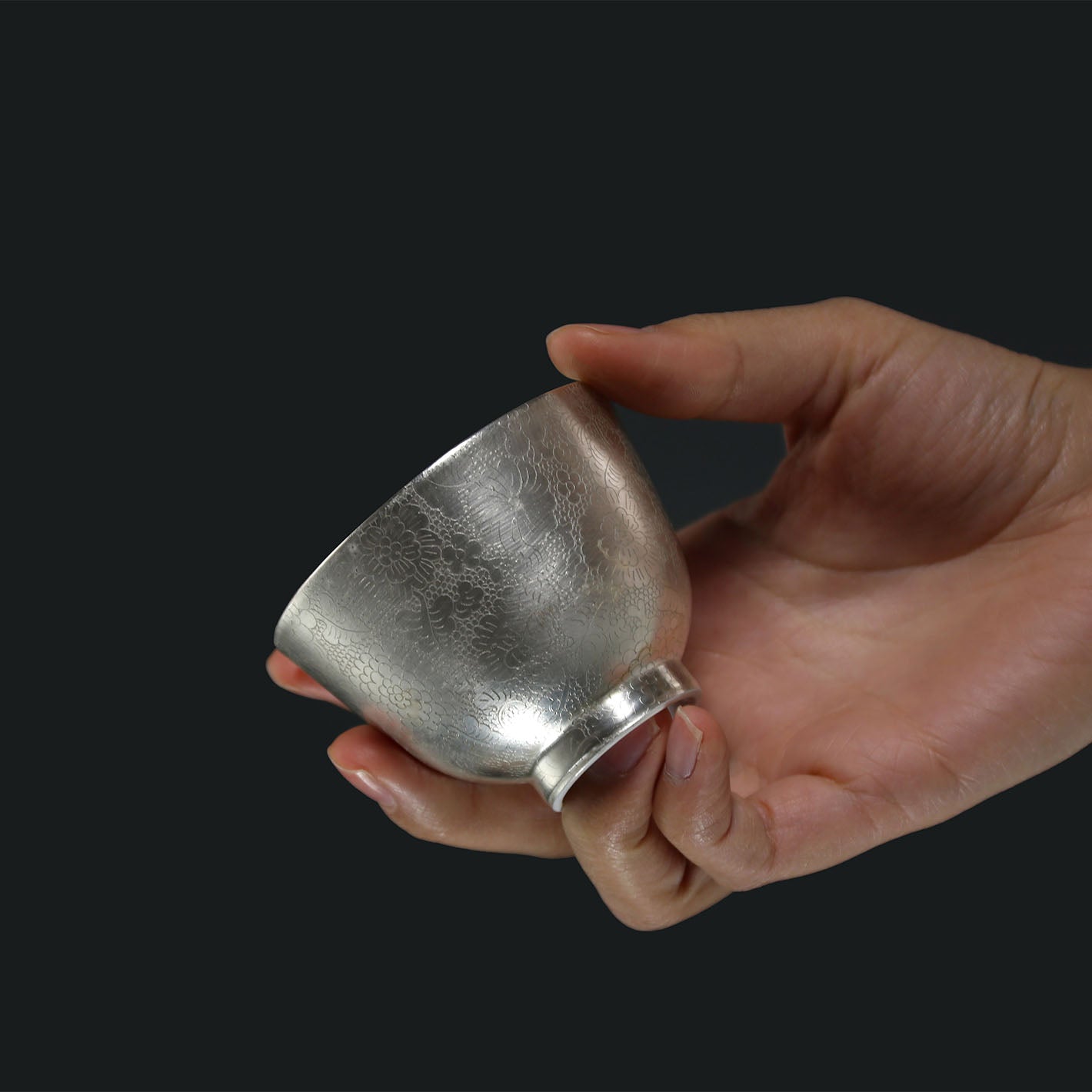 Hand-Carved Full-Flower Silver-Decorated Lidded Bowl / Cup