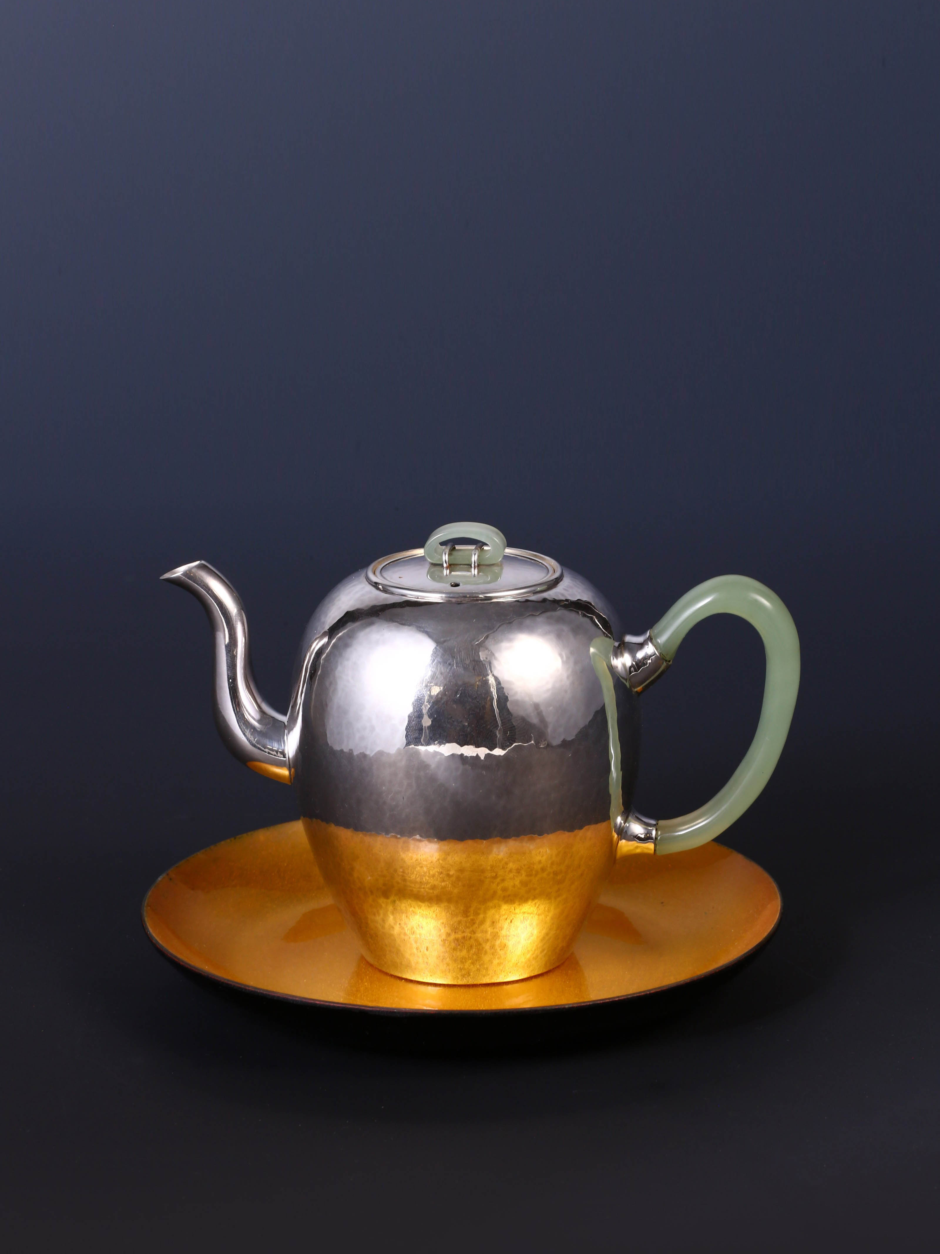 美人肩純銀泡壺七寶托盤