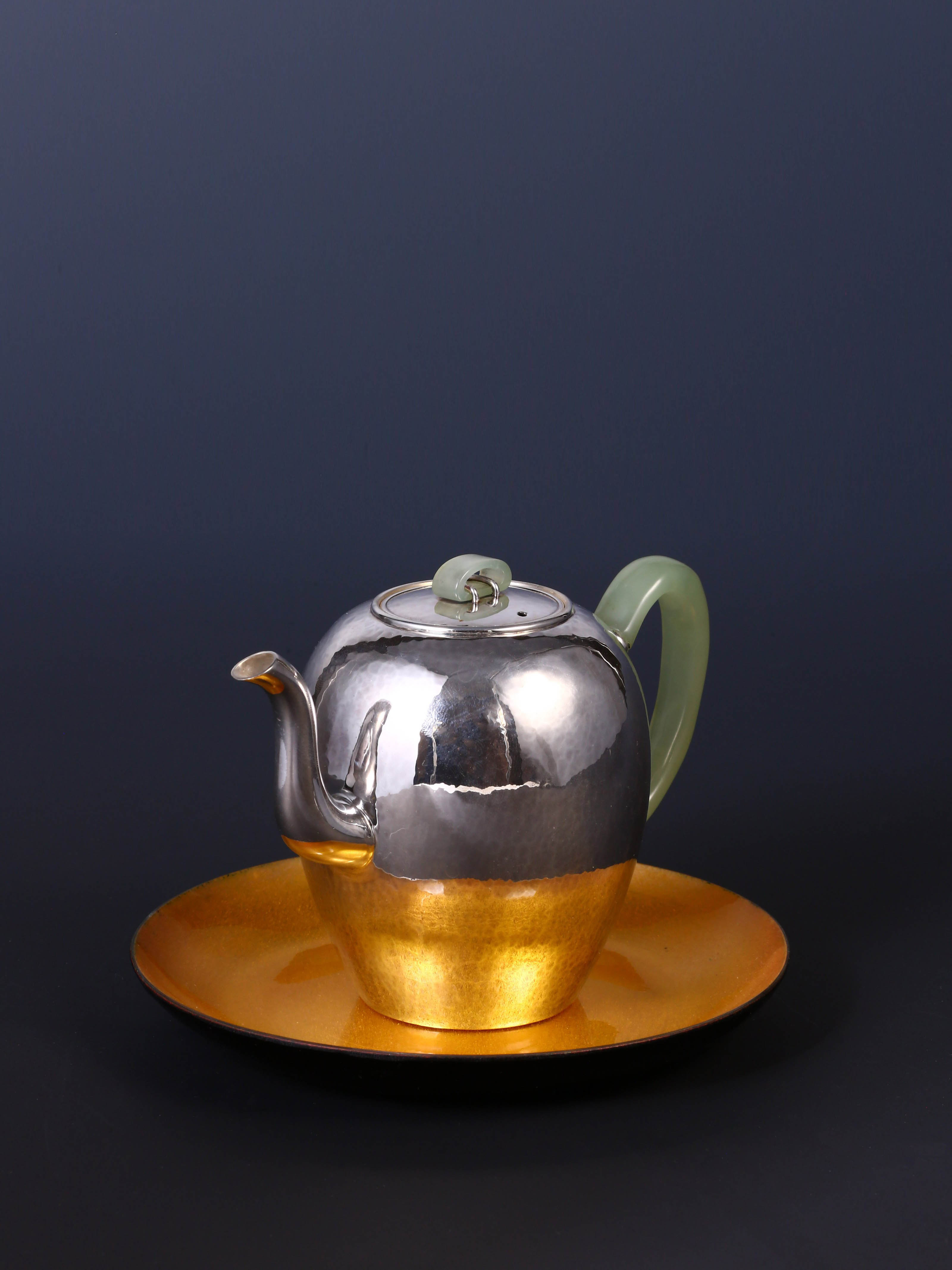 美人肩純銀泡壺七寶托盤