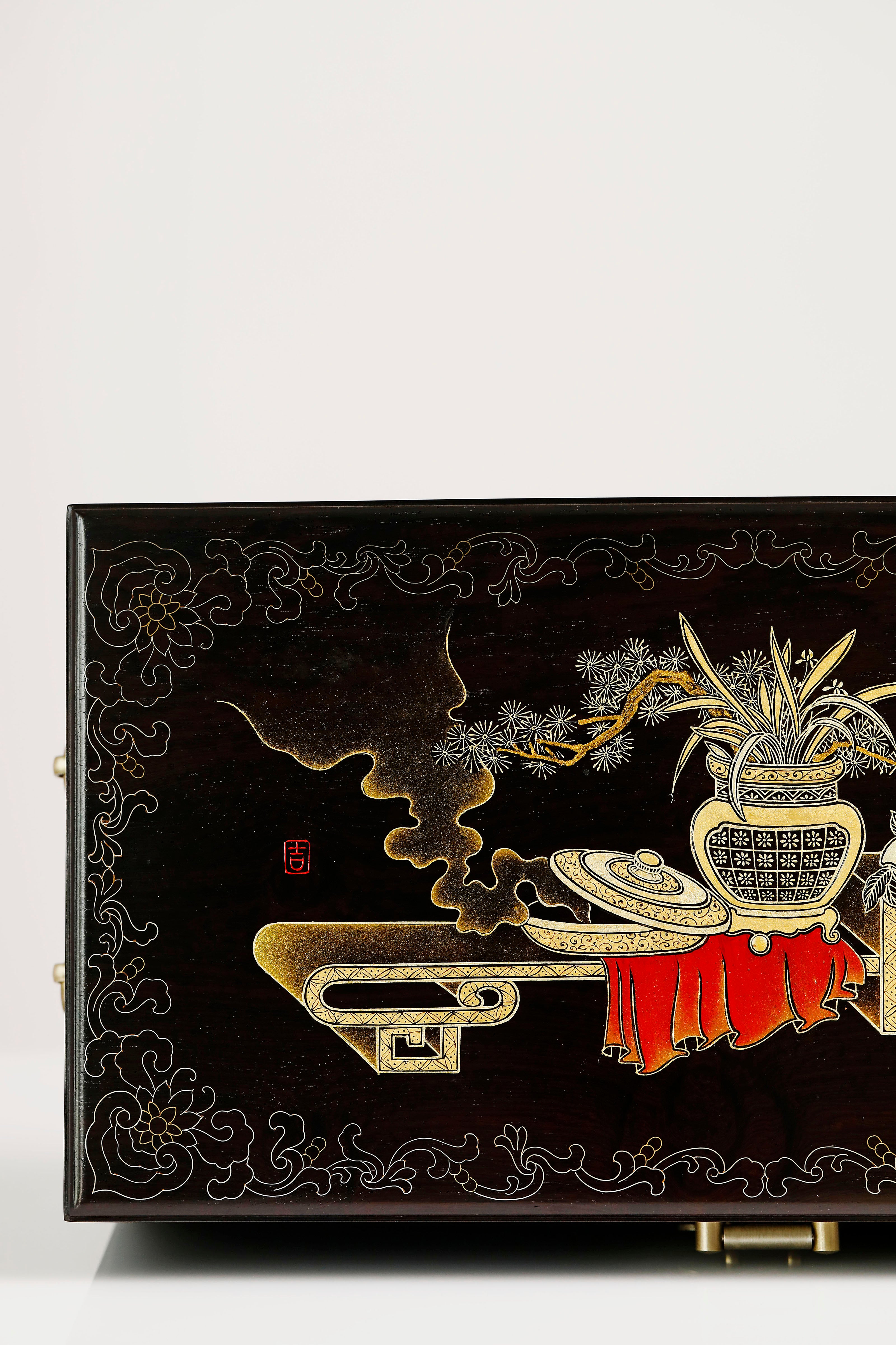 紫光檀鸳鸯戏水/博古图描金盒