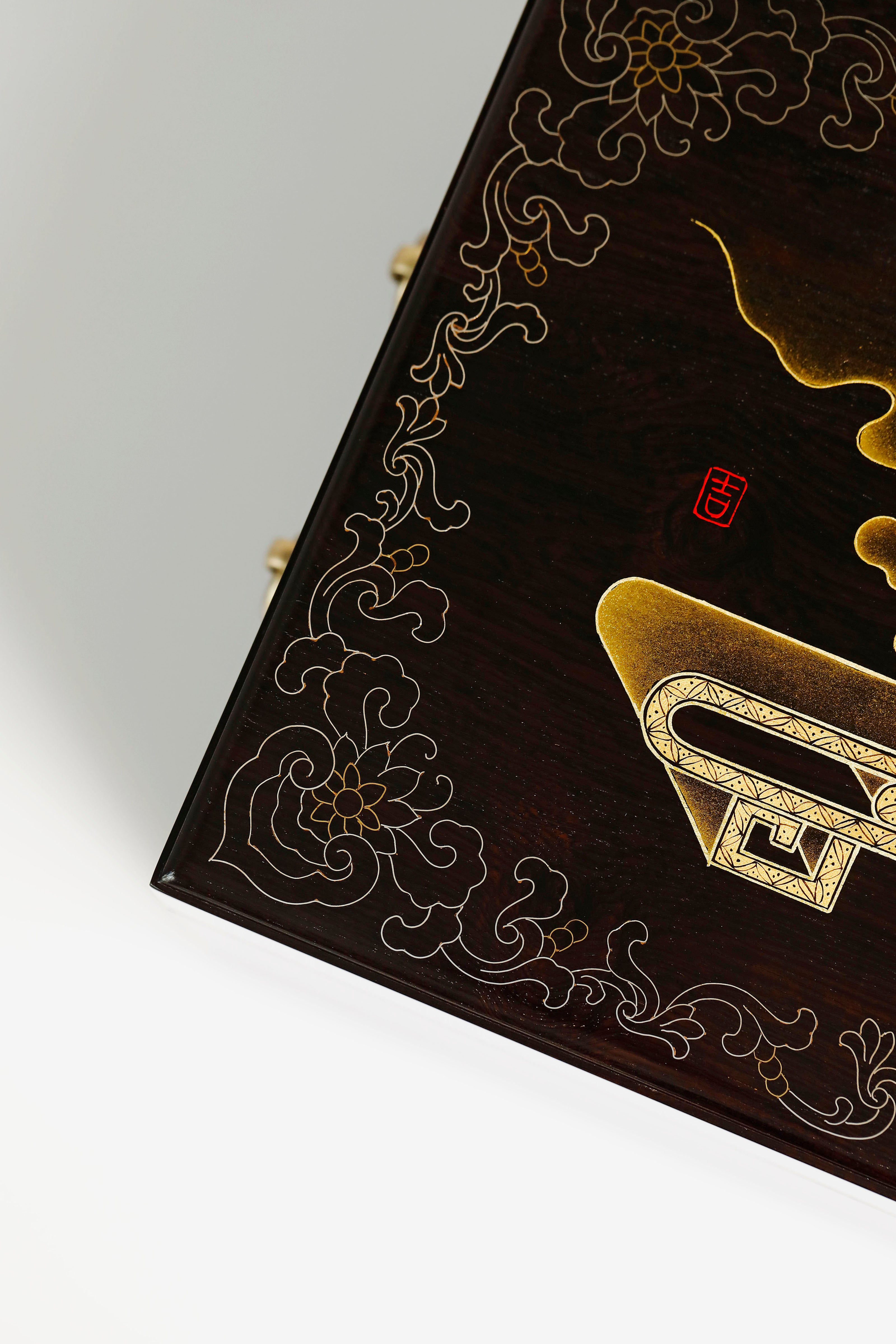 紫光檀鸳鸯戏水/博古图描金盒