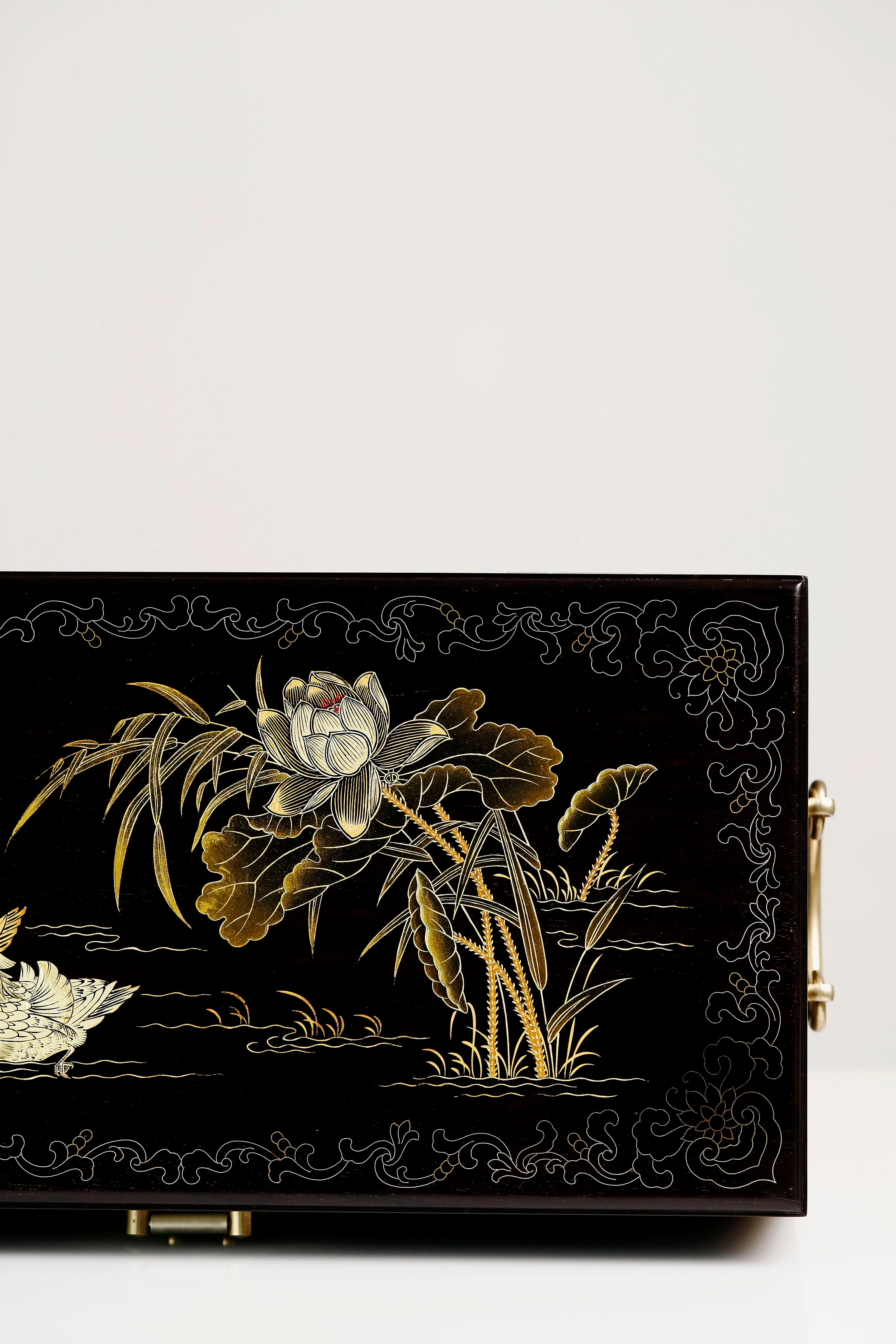 紫光檀鸳鸯戏水/博古图描金盒