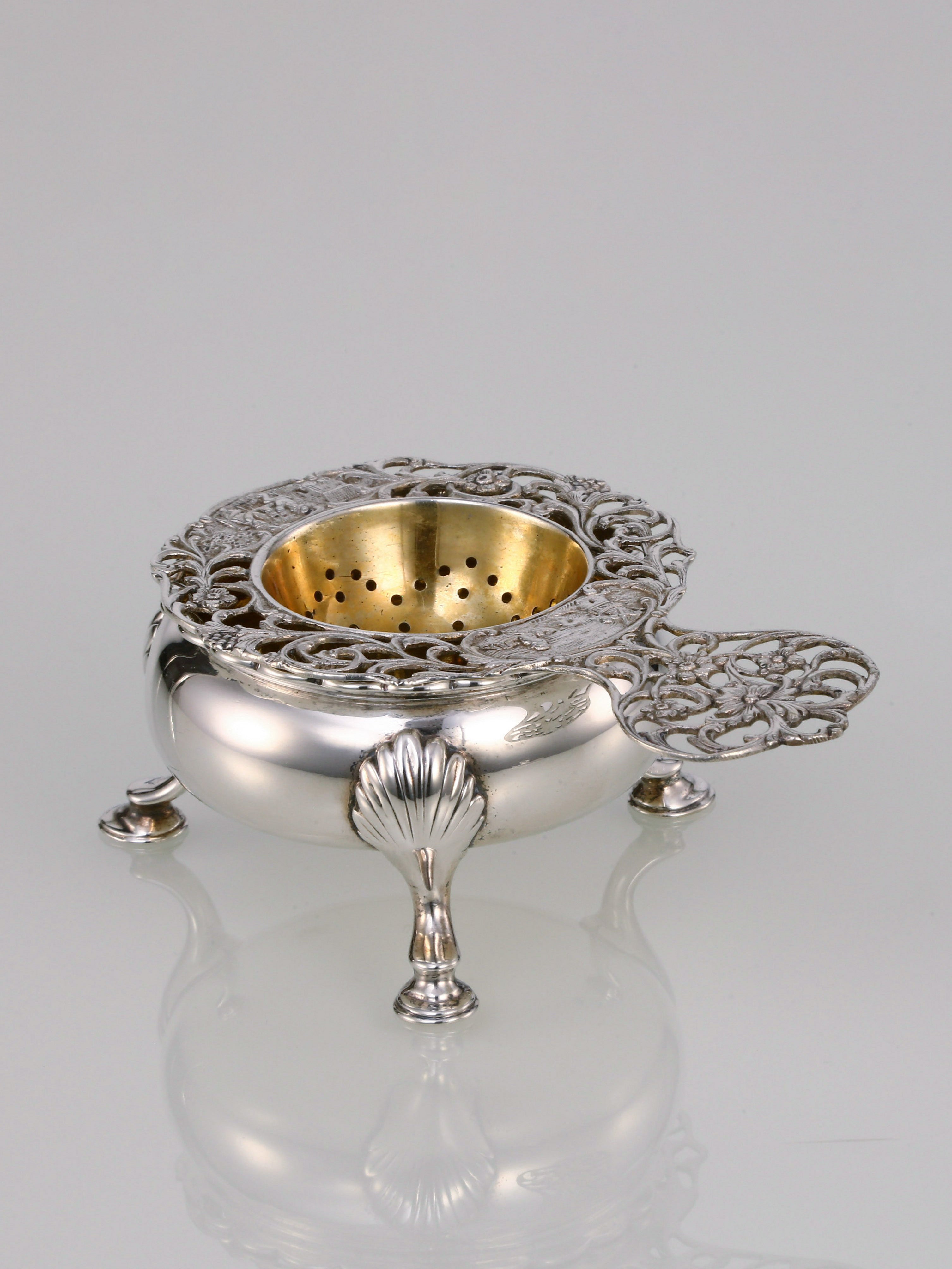 欧洲古董纯银玫瑰花茶滤一套