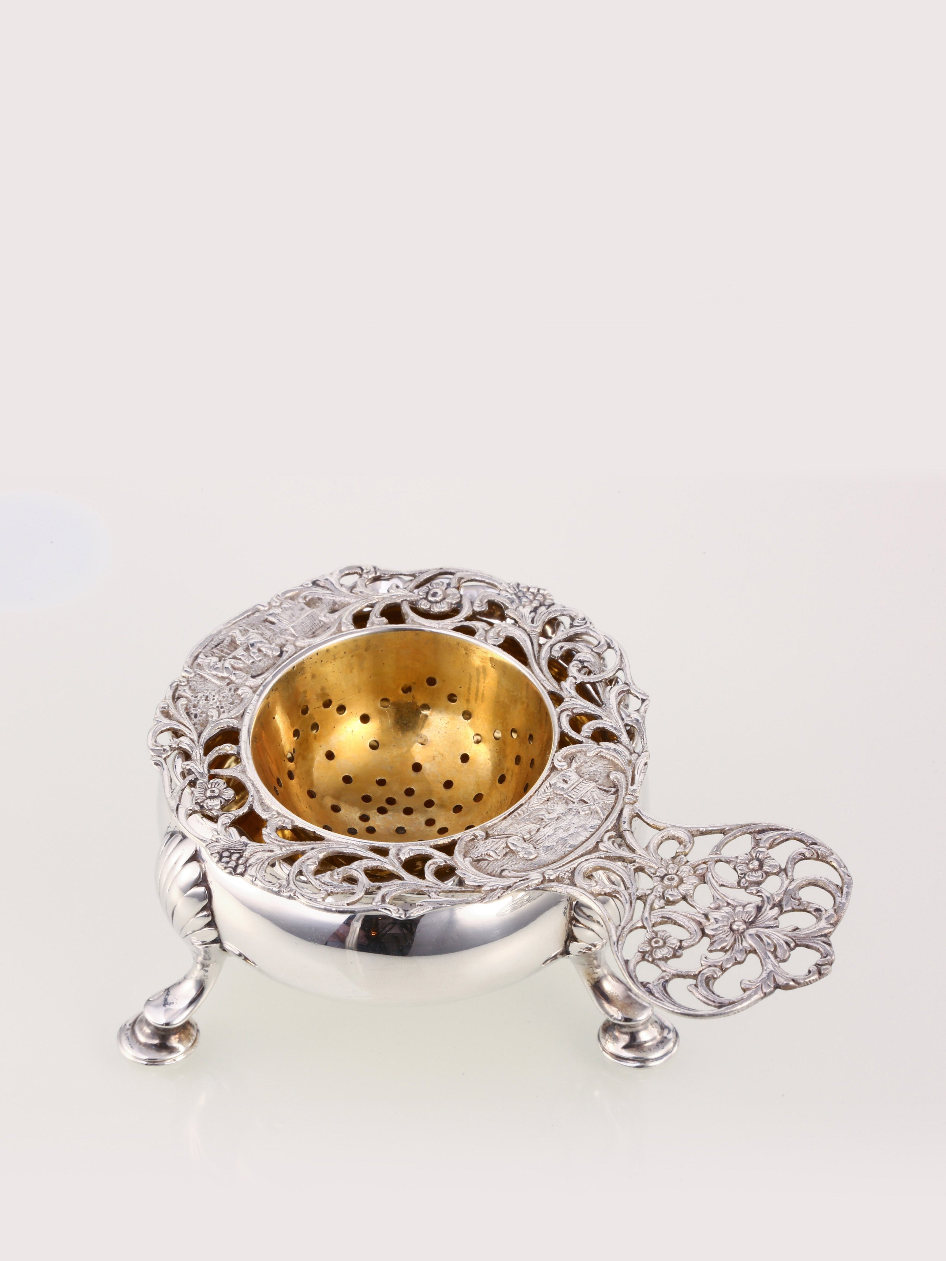 欧洲古董纯银玫瑰花茶滤一套