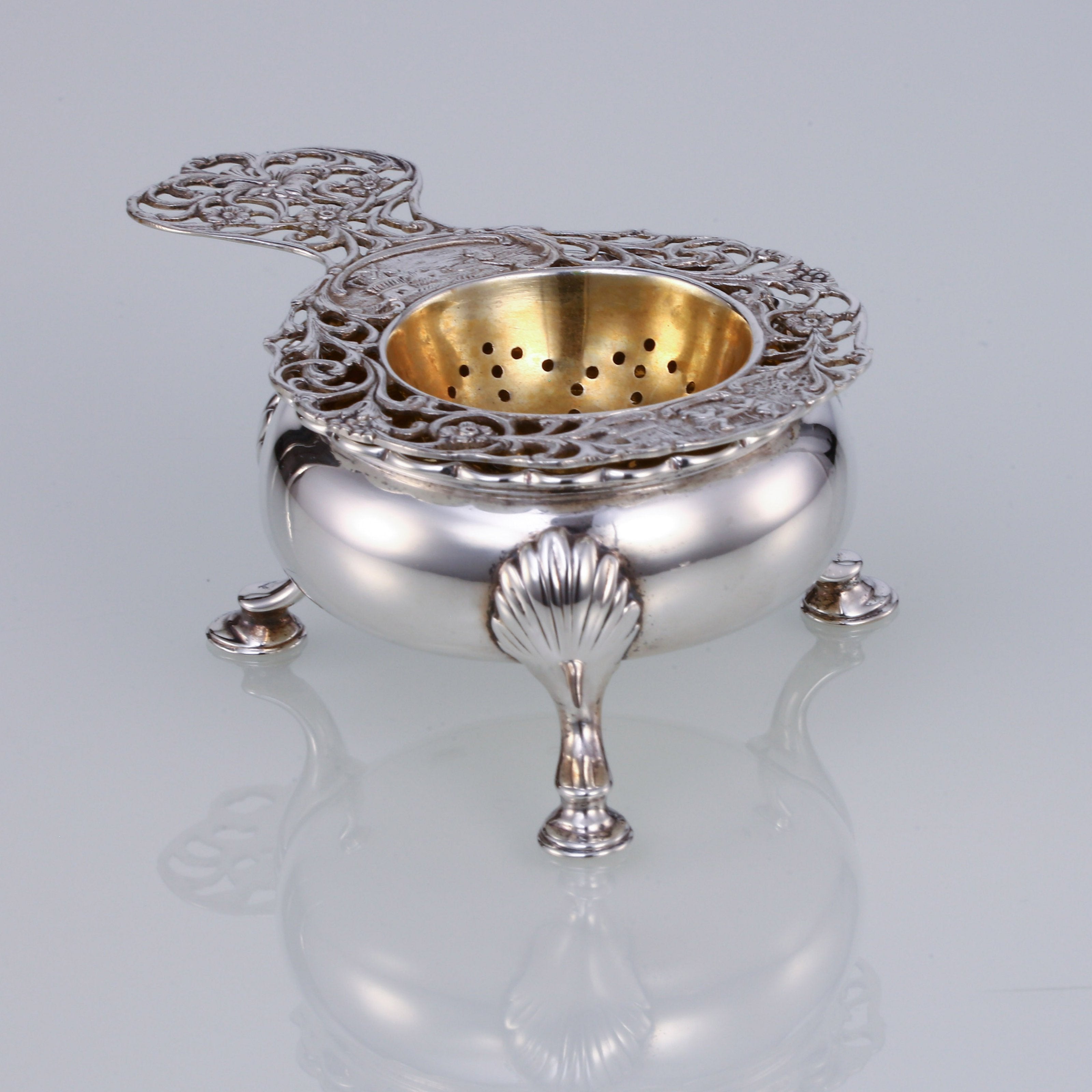 欧洲古董纯银玫瑰花茶滤一套