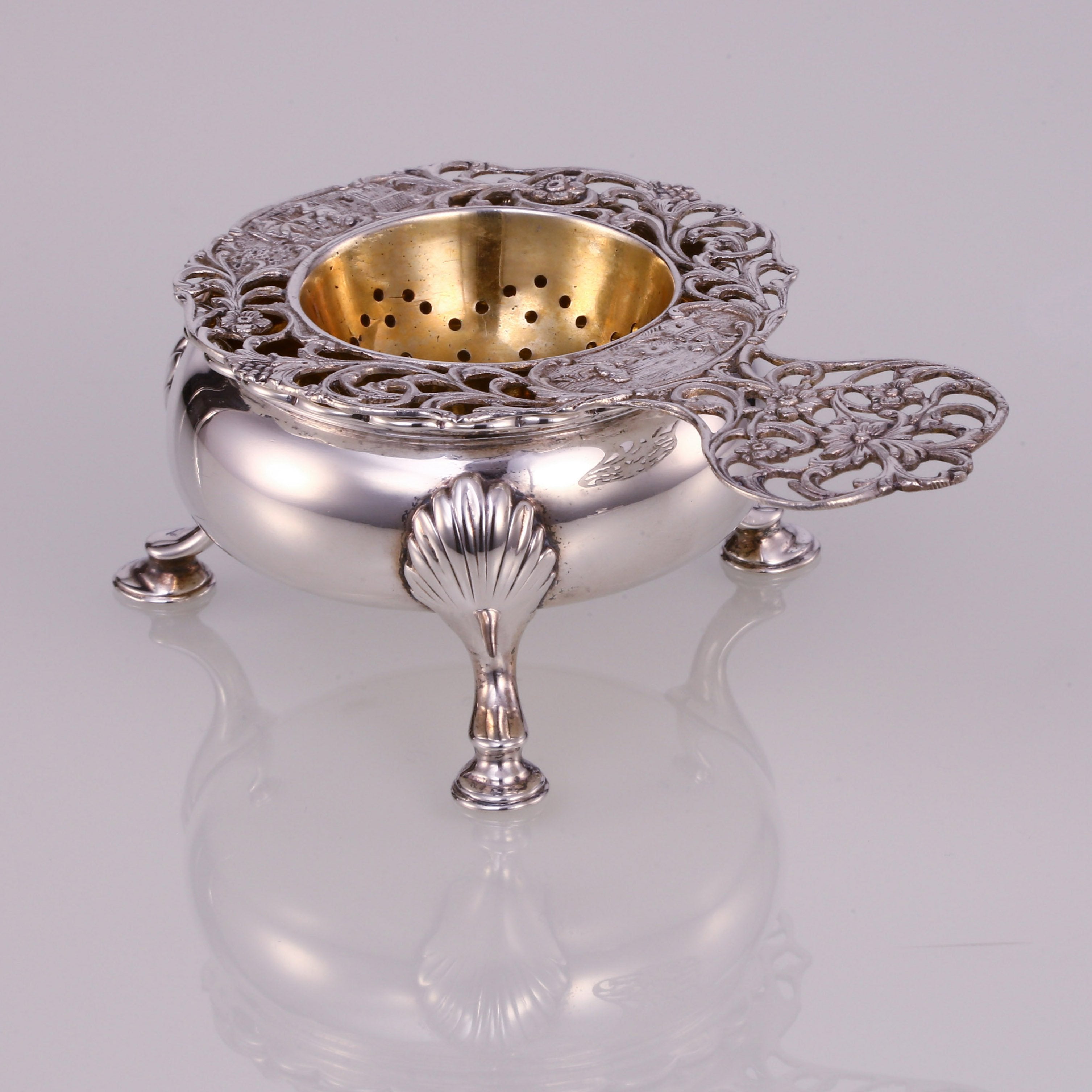 欧洲古董纯银玫瑰花茶滤一套