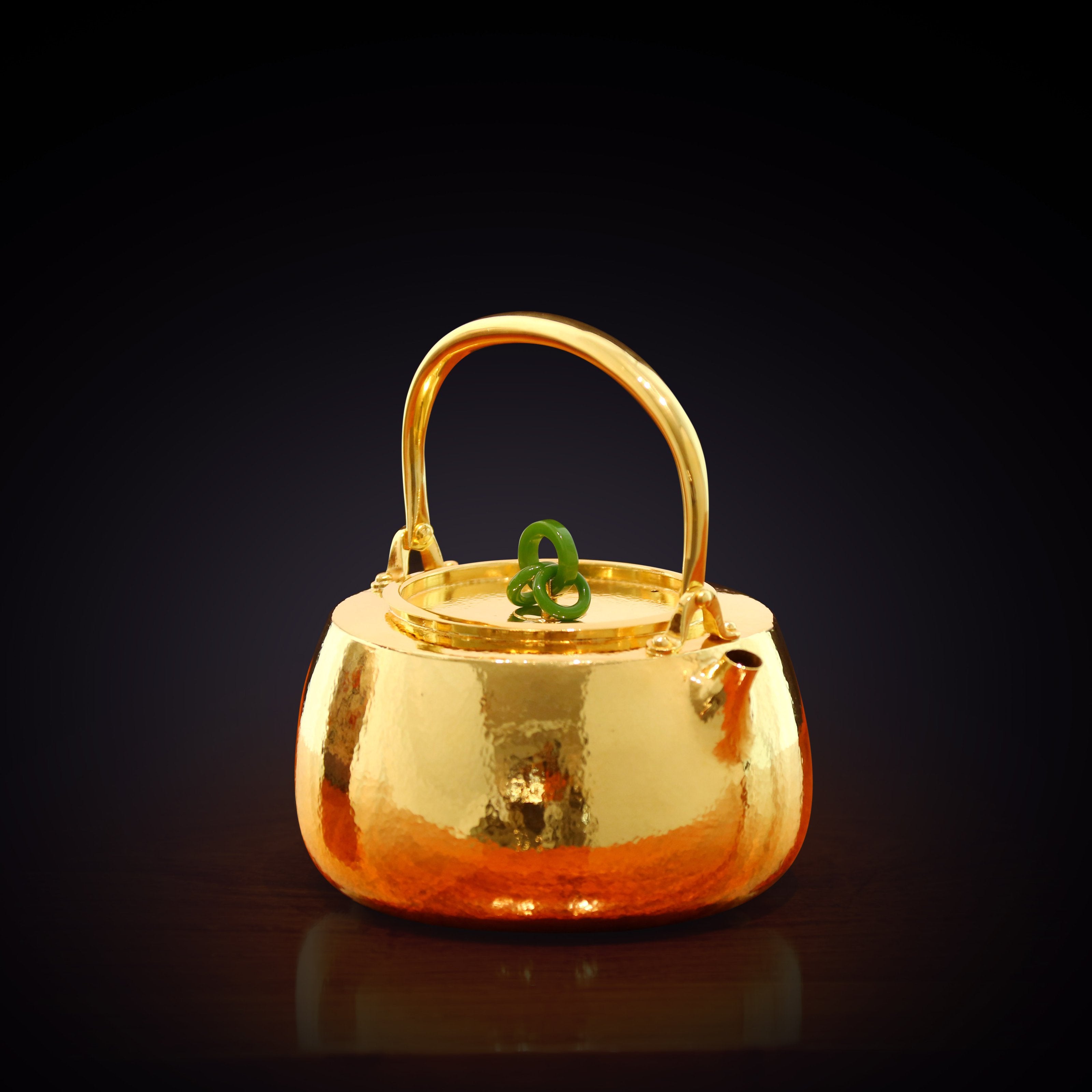 三环玉摘纯银镀金平台壶