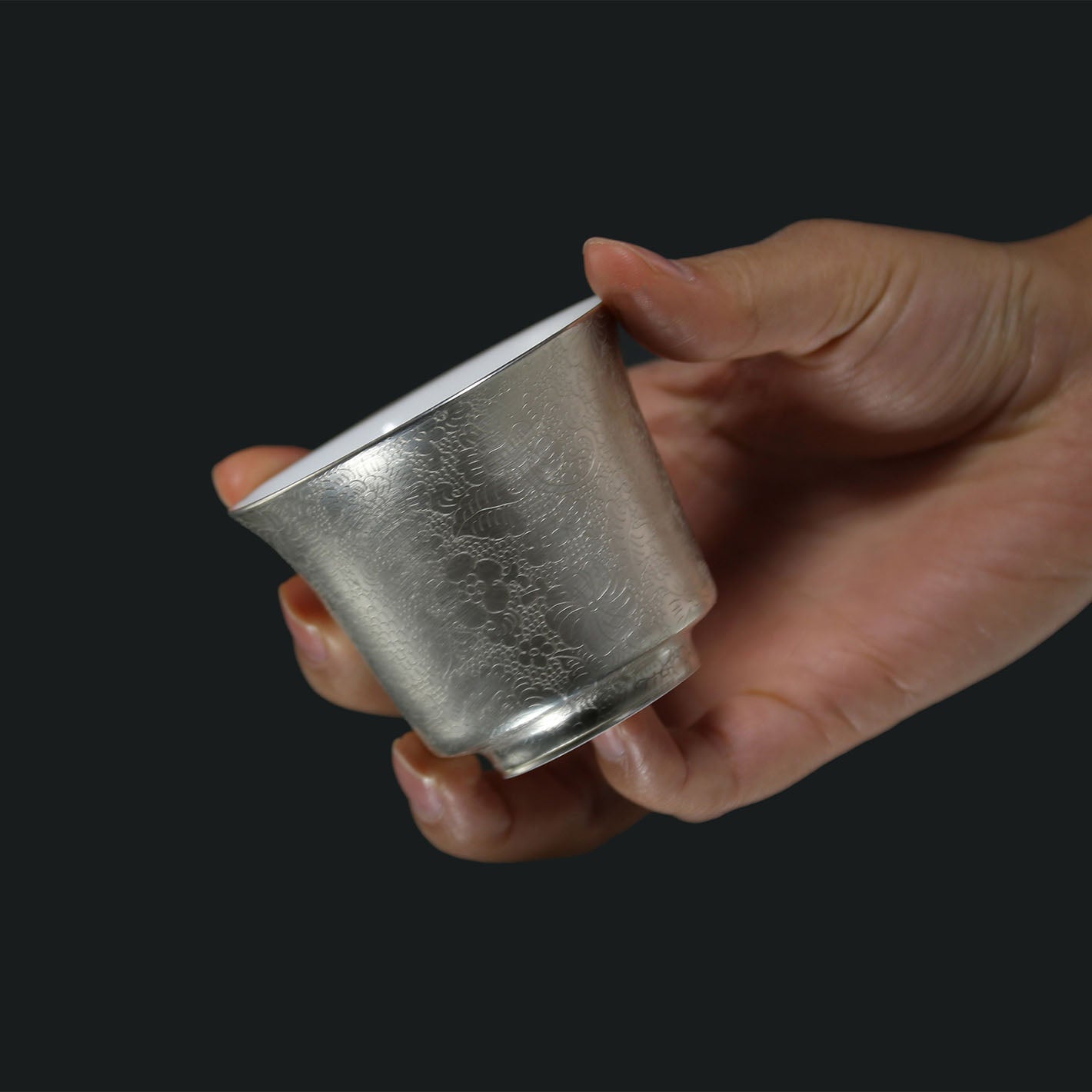 Hand-Carved Full-Flower Silver-Decorated Lidded Bowl / Cup