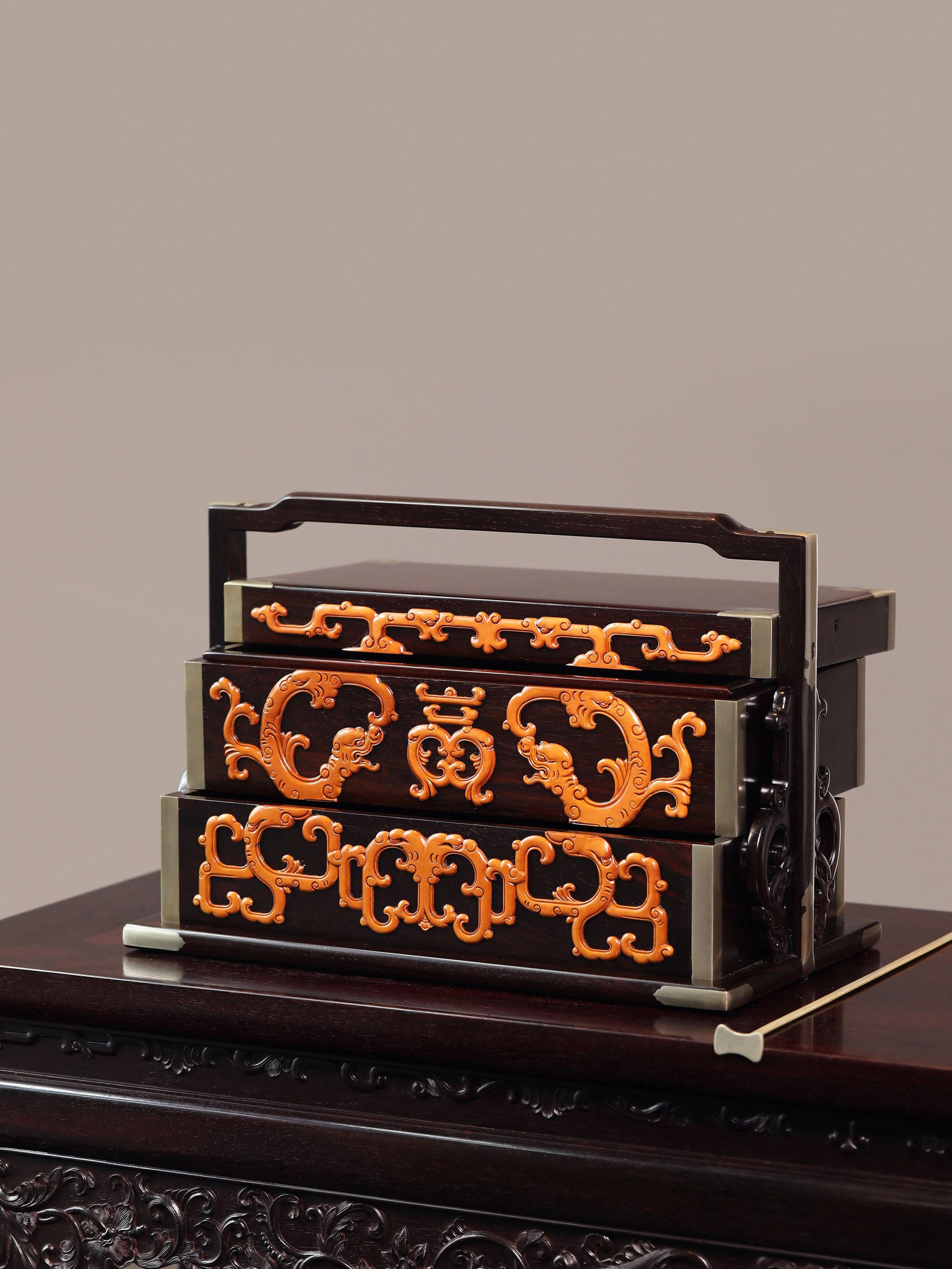 Double-layered box made of rosewood inlaid with boxwood dragons and longevity symbols