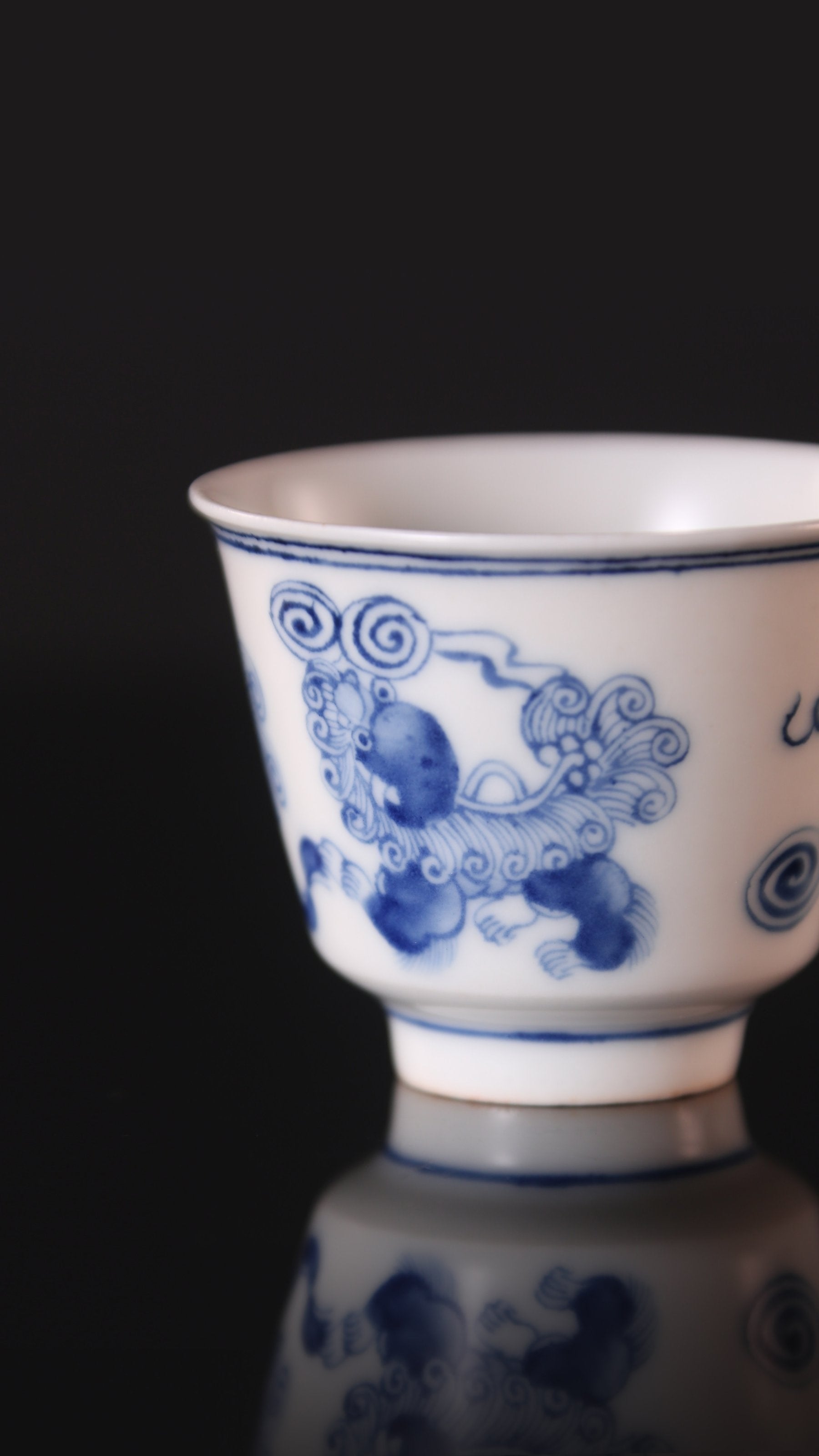 Lion Dance and Ball Bell Cup / Double Lion Embroidered Ball Blue and White Cup