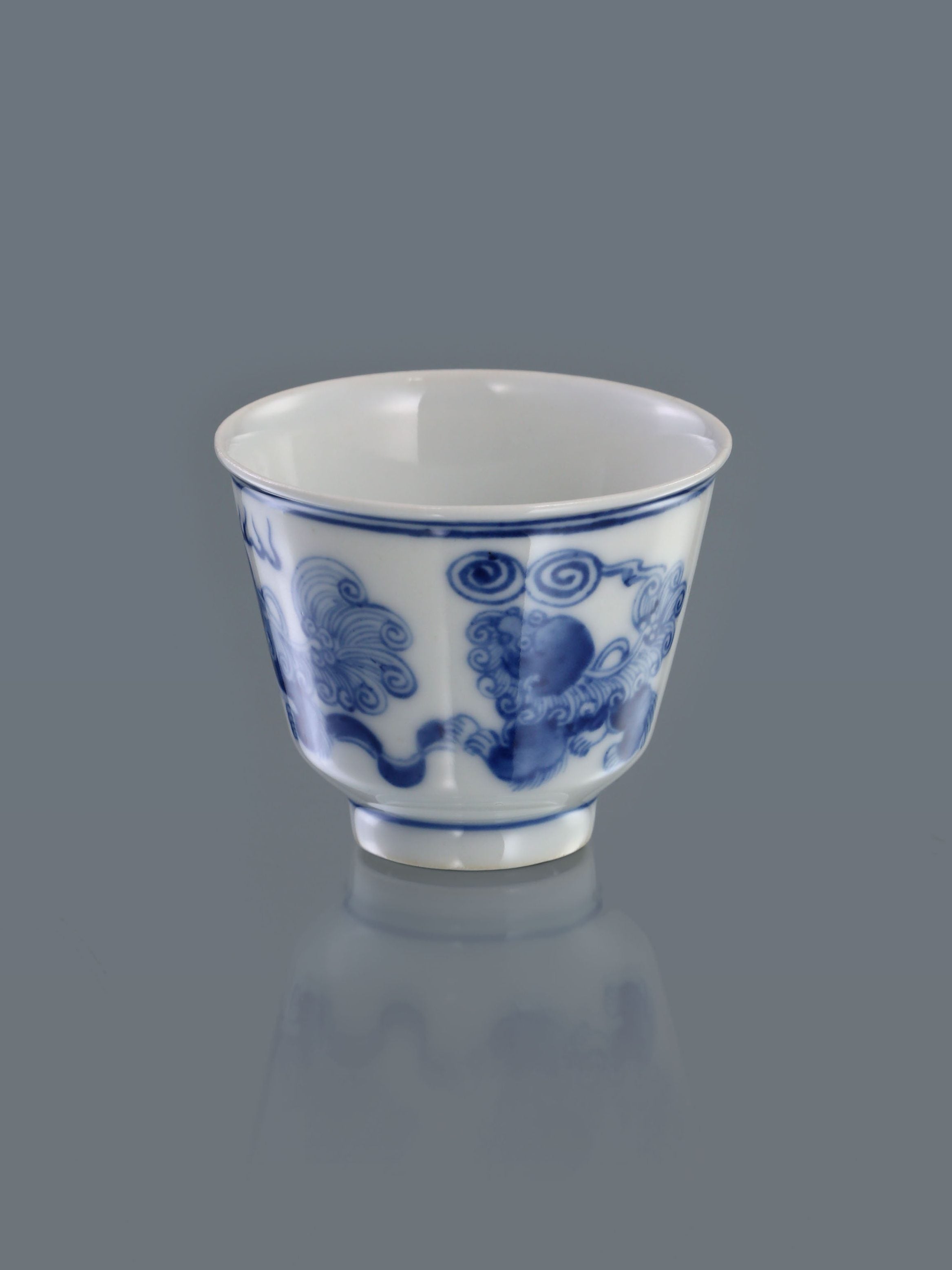 Lion Dance and Ball Bell Cup / Double Lion Embroidered Ball Blue and White Cup