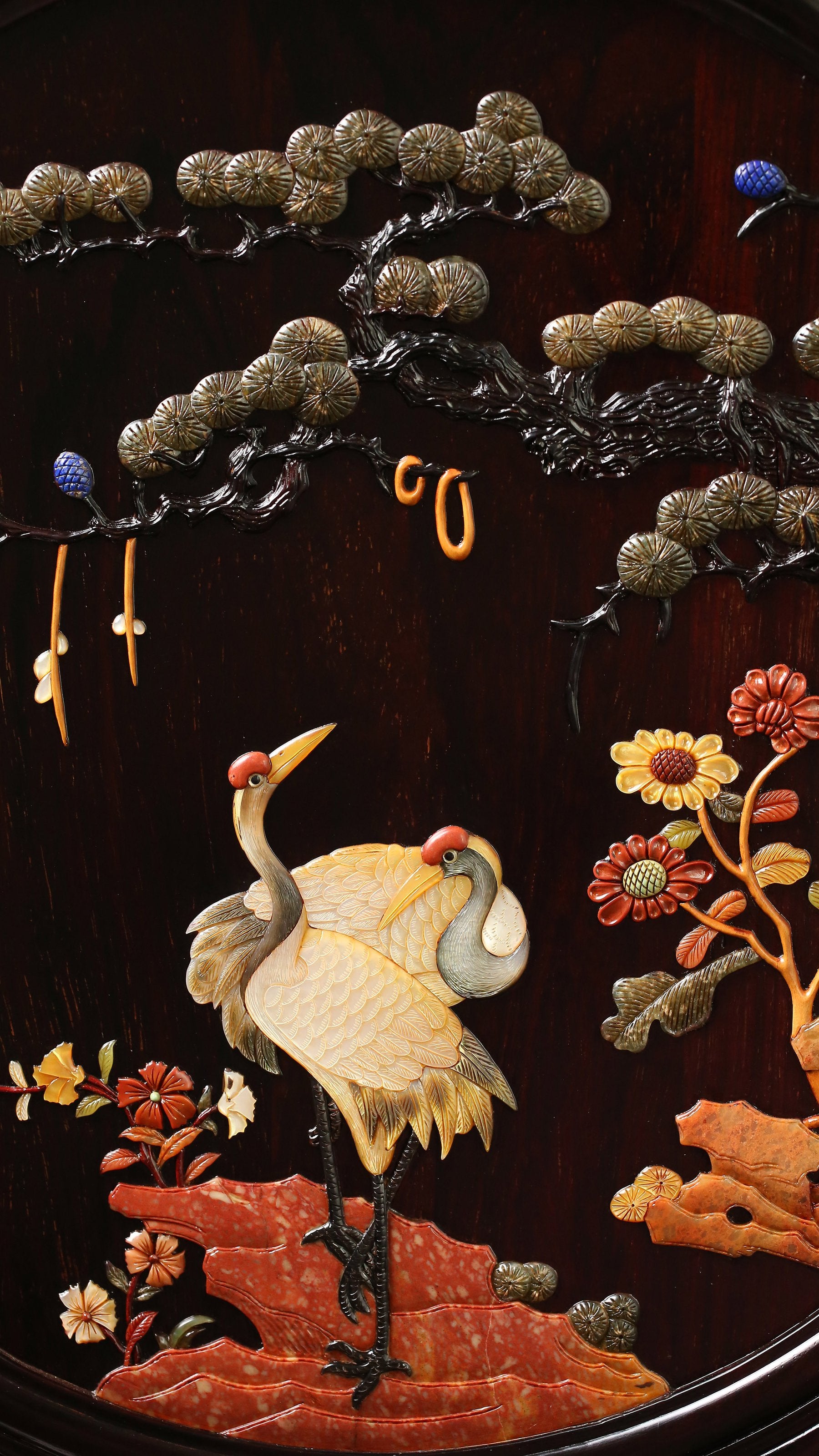 大葉紫檀百寶嵌松鶴延年圓形插屏