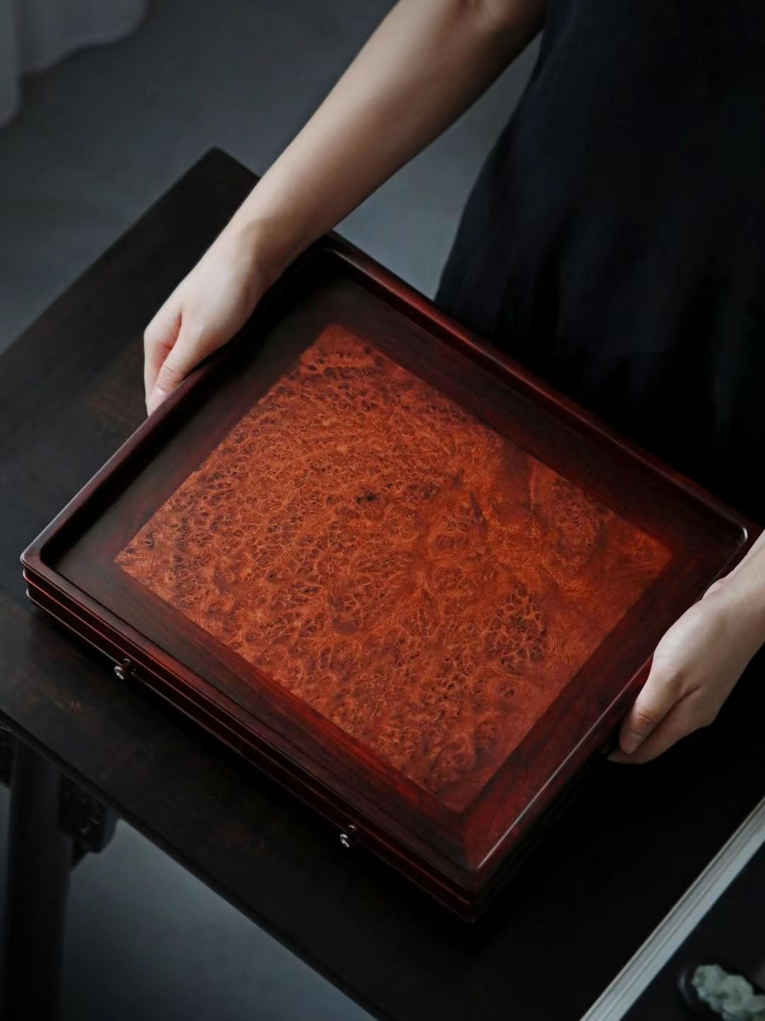 小葉紫檀嵌癭木素面文盤,紫光檀文盤