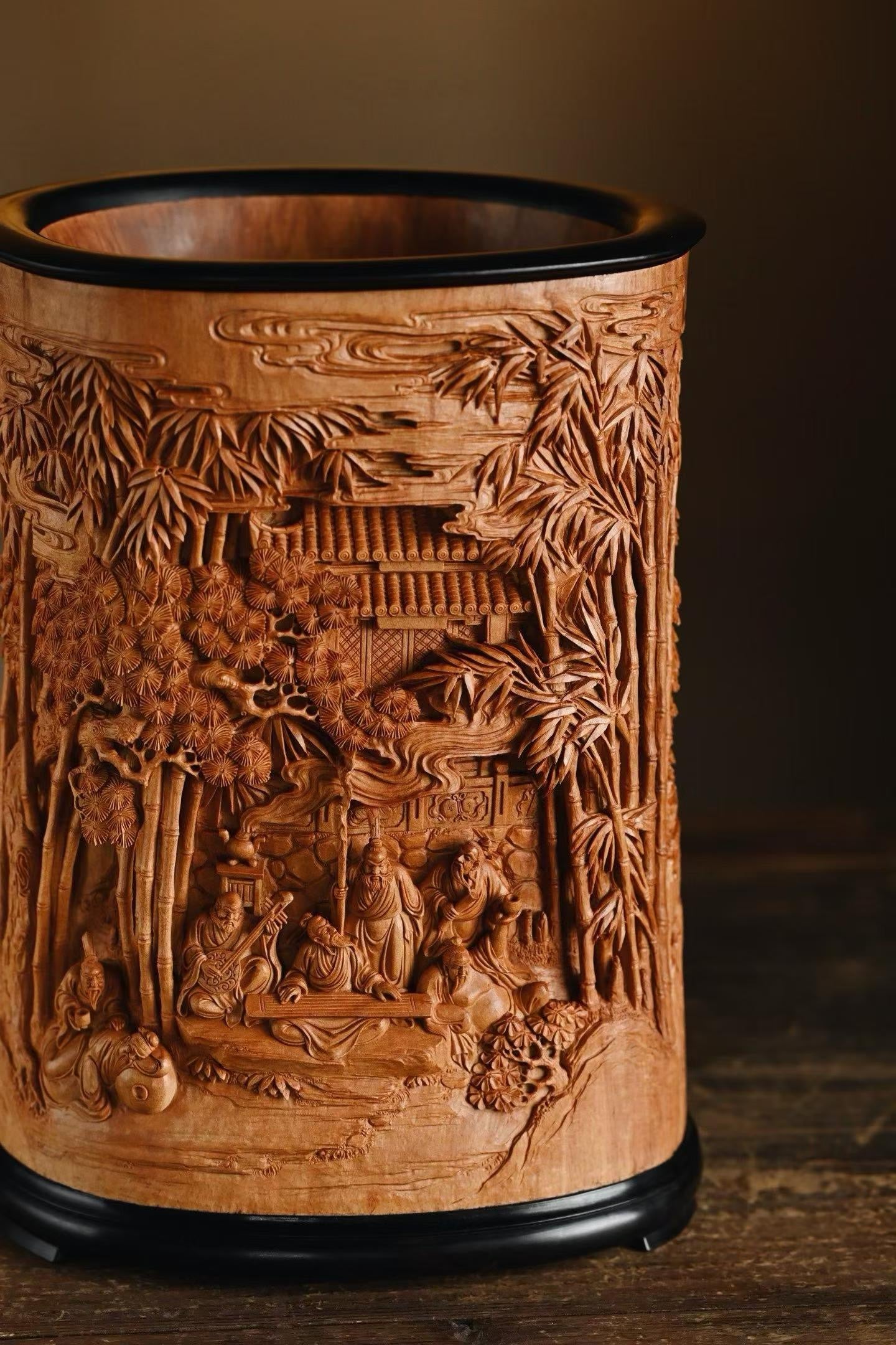 Deep‑Relief Carved Pen Holder of Seven Sages of the Bamboo Grove, Old‑Sandalwood