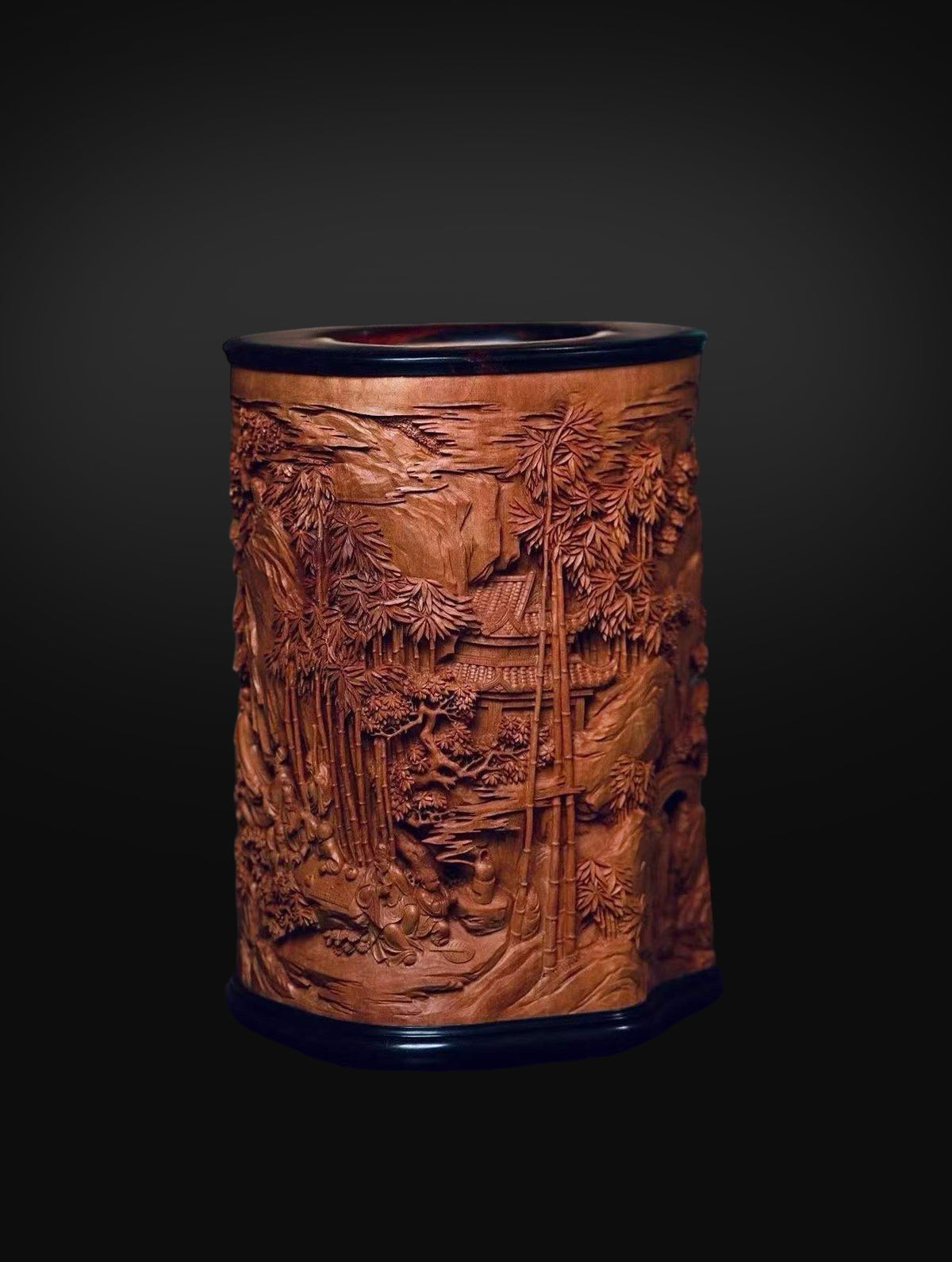 Old‑Sandalwood Brush Pot with Deep‑Relief Carvings of the Eighteen Scholars