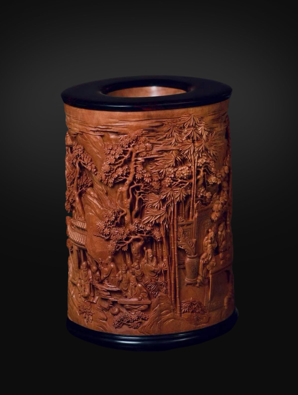 Old‑Sandalwood Brush Pot with Deep‑Relief Carvings of the Eighteen Scholars