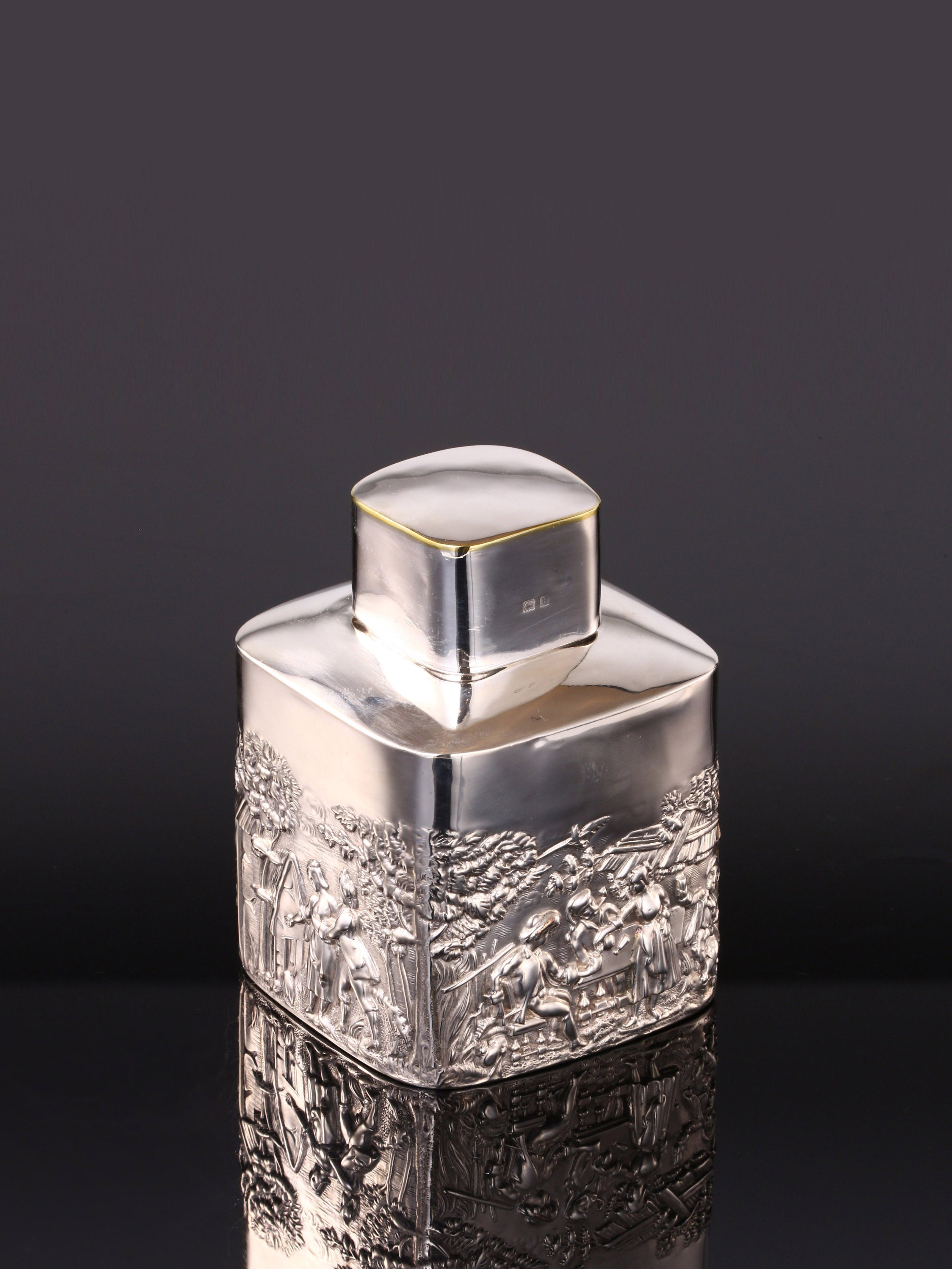 1907年英國純銀浮雕 田園風光茶葉罐