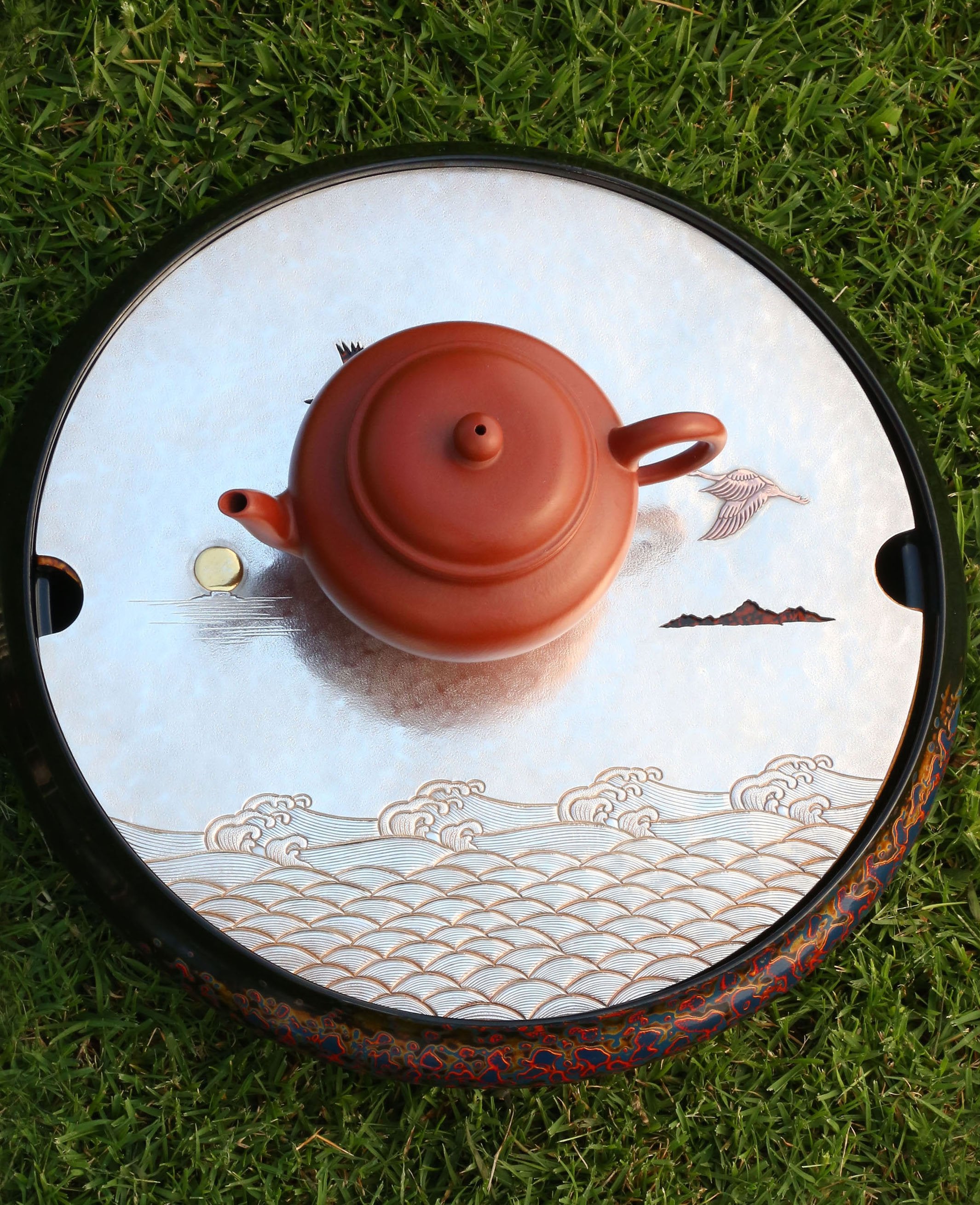 云鹤海水纹纯银大漆茶盘